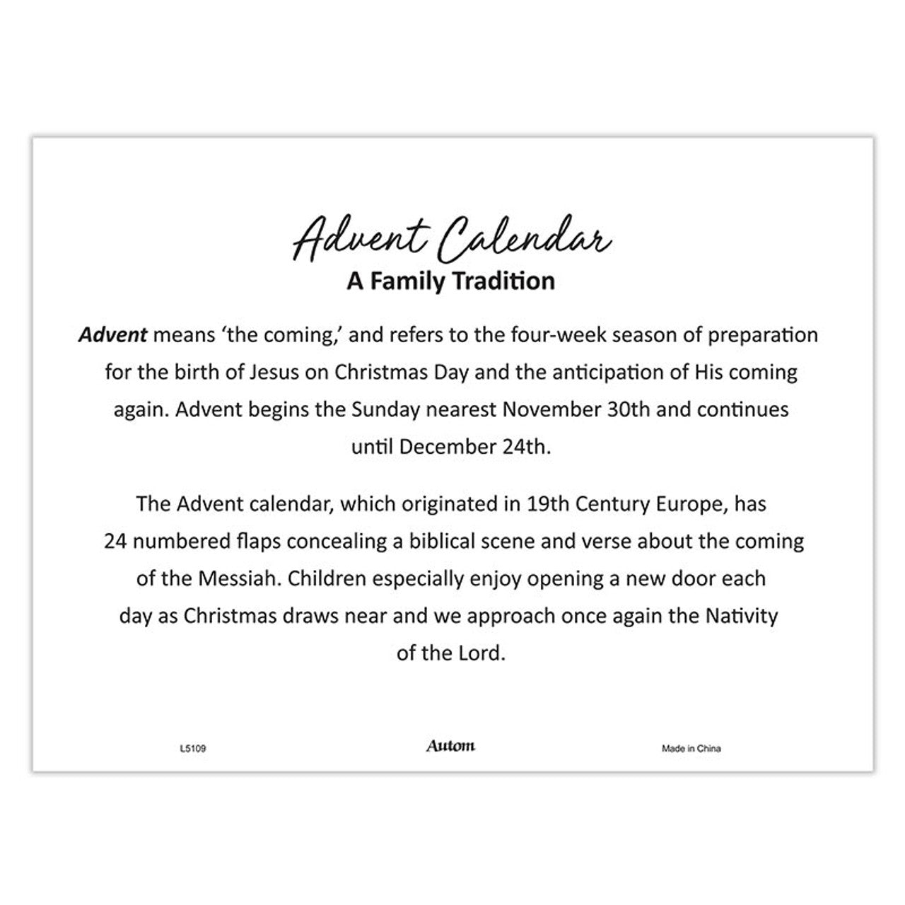 O Come Let Us Adore Him Advent Calendar, ONE (1) Calendar, 10" W x 7-5/8" H