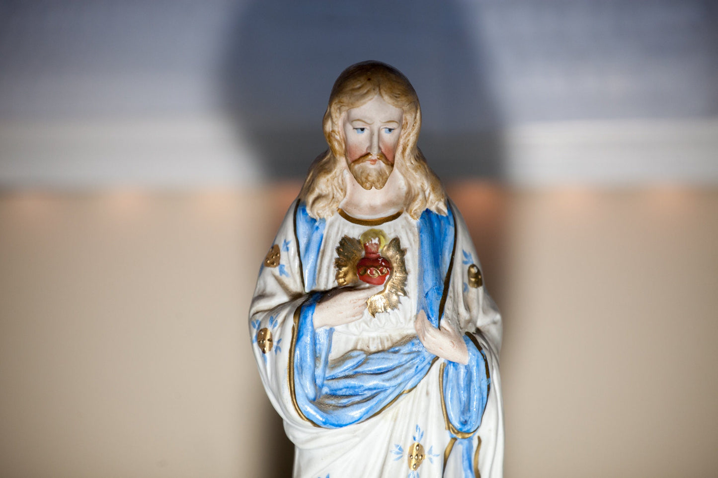 Vintage Sacred Heart of Jesus Statue, Hand-Painted Porcelain Bisque, 1930-50s German, 10.5 Inch