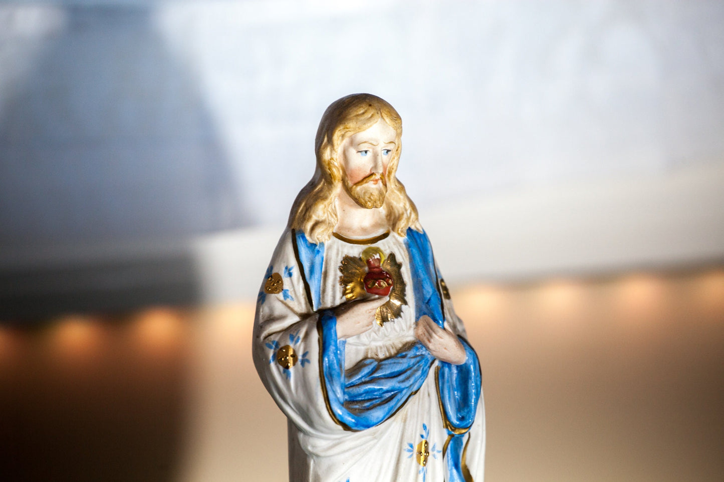 Vintage Sacred Heart of Jesus Statue, Hand-Painted Porcelain Bisque, 1930-50s German, 10.5 Inch