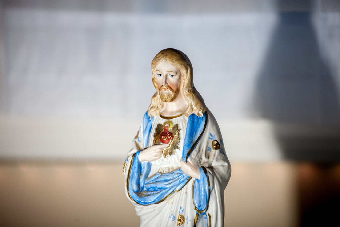 Vintage Sacred Heart of Jesus Statue, Hand-Painted Porcelain Bisque, 1930-50s German, 10.5 Inch