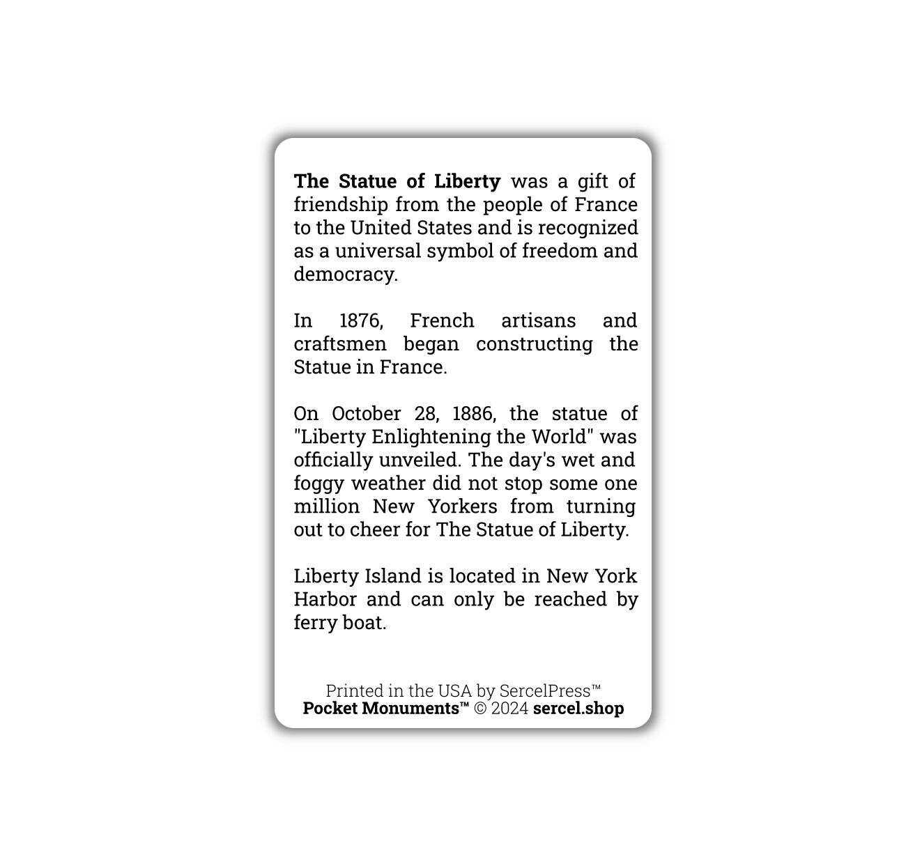 Statue of Liberty | National Monument | Durable Wallet Souvenir Card | United States of America