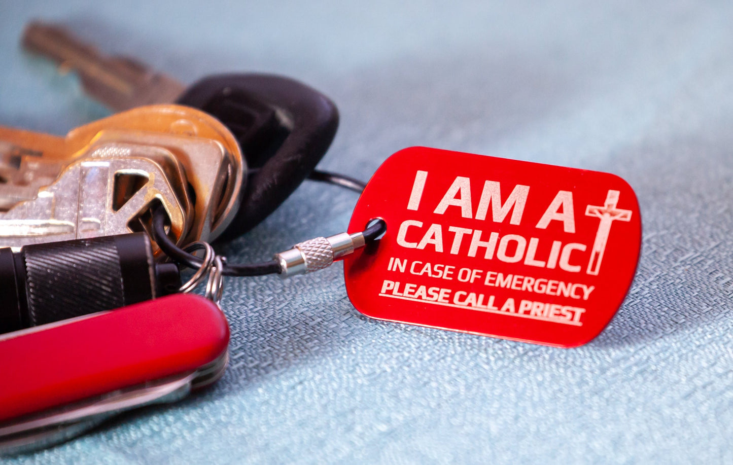 I AM A CATHOLIC Keychain Tag β Call a Priest Emergency Tag β Laser Engraved Metal ID β Red, Black, or Blue β Catholic Gift Key Ring