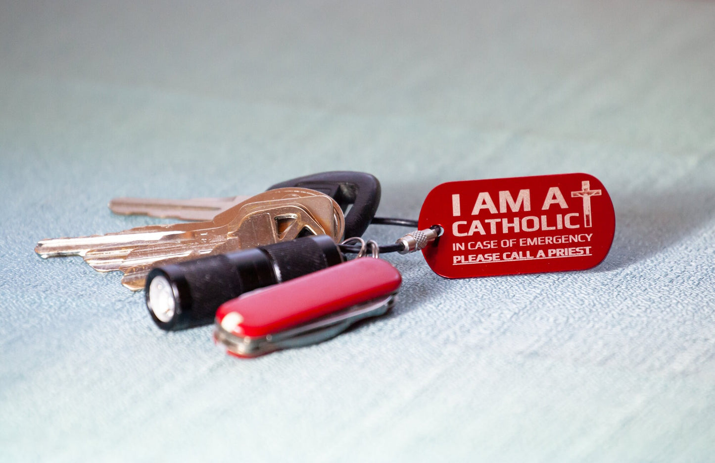 I AM A CATHOLIC Keychain Tag β Call a Priest Emergency Tag β Laser Engraved Metal ID β Red, Black, or Blue β Catholic Gift Key Ring