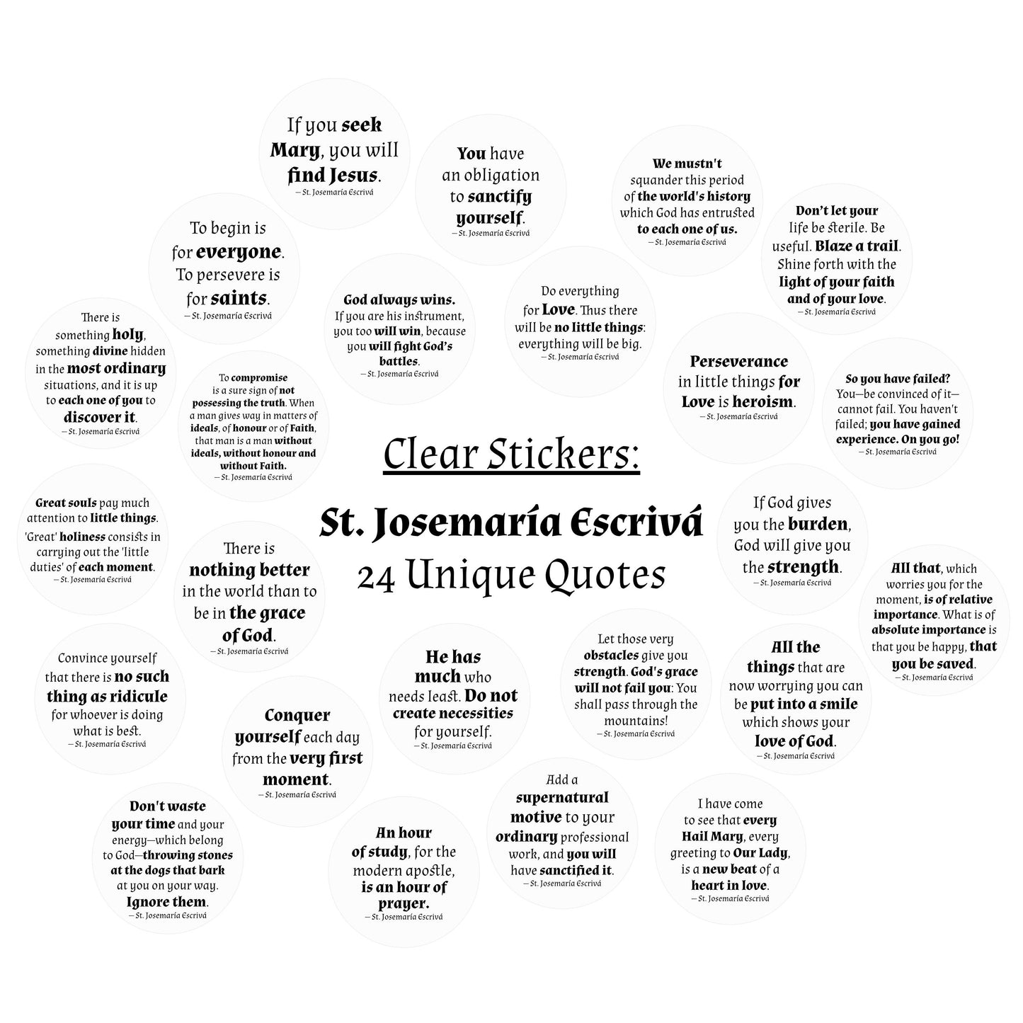 24 Saint Stickers, St. Josemaria Escriva Quotes, 2-Inches, Clear | Catholic Saints