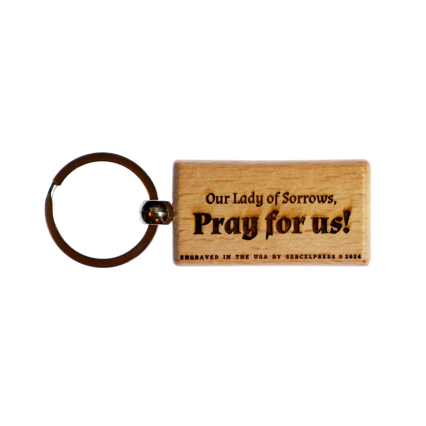 Our Lady of Sorrows, Hand-Colored, Solid Wood Keychain, Engraved in the USA, Catholic