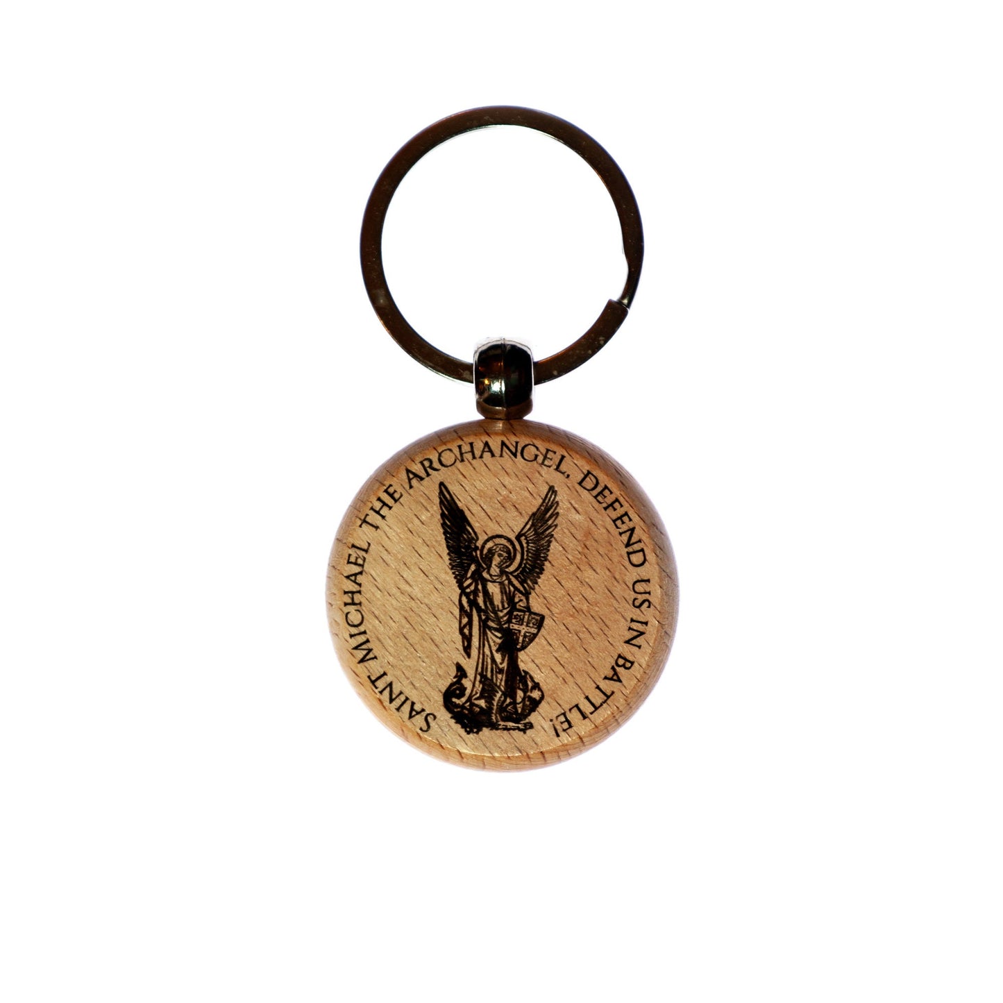 St. Michael the Archangel, Solid Wood Round Keychain, Engraved in the USA, Catholic