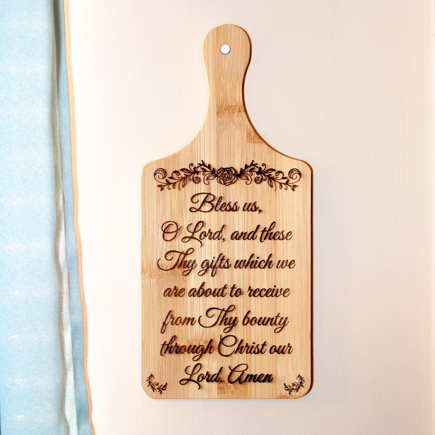 Grace Before Meals, Bless Us O Lord, Decorative Bamboo Cutting Board, 11" x 5" x 0.39" | Engraved in the USA | Catholic Living