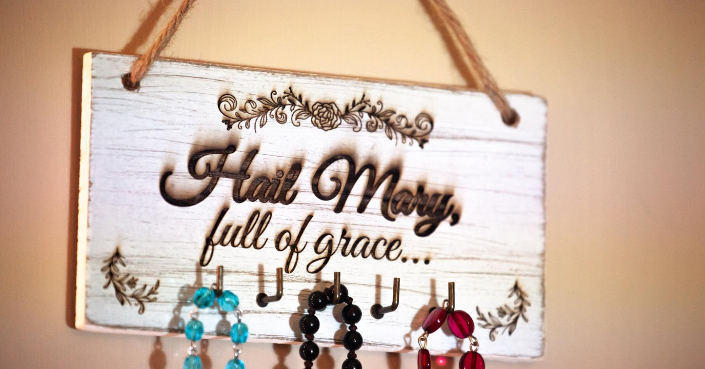 Mini Rosary Hanger, Hail Mary Full of Grace, Engraved in the USA, Catholic Living