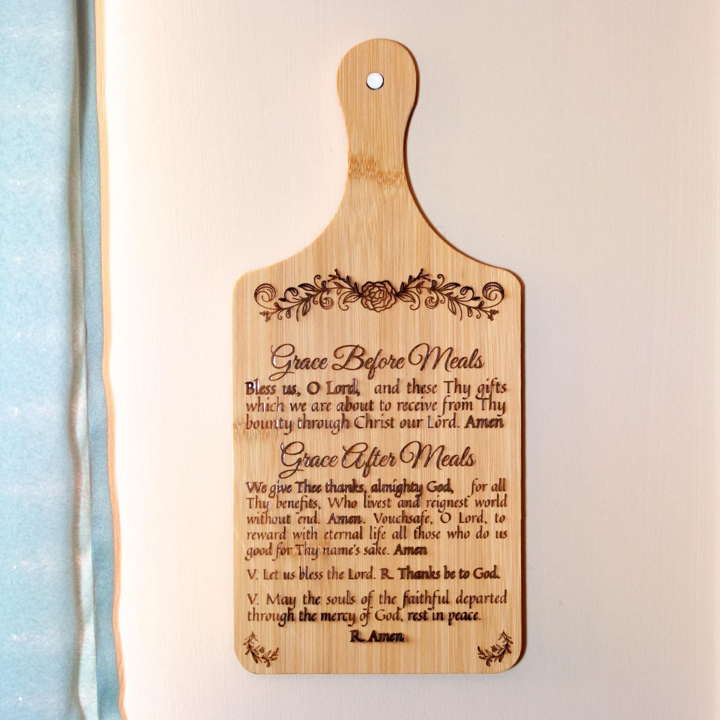 Grace Before & After Meals, Bless Us O Lord, Decorative Bamboo Cutting Board, 11" x 5" x 0.39" | Engraved in the USA | Catholic Living