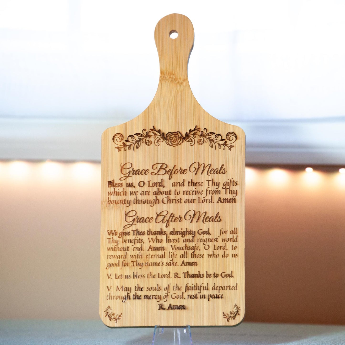 Grace Before & After Meals, Bless Us O Lord, Decorative Bamboo Cutting Board, 11" x 5" x 0.39" | Engraved in the USA | Catholic Living