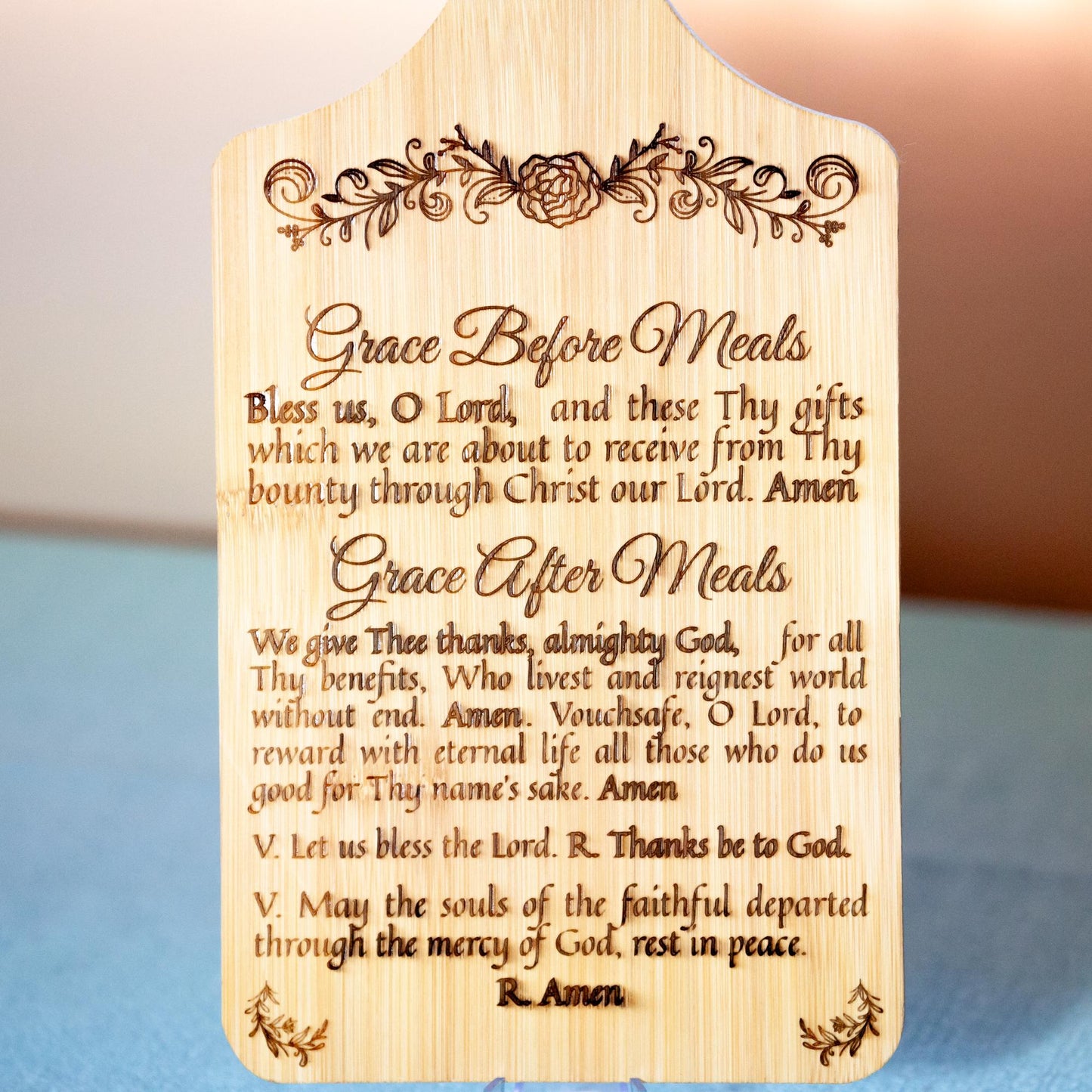 Grace Before & After Meals, Bless Us O Lord, Decorative Bamboo Cutting Board, 11" x 5" x 0.39" | Engraved in the USA | Catholic Living