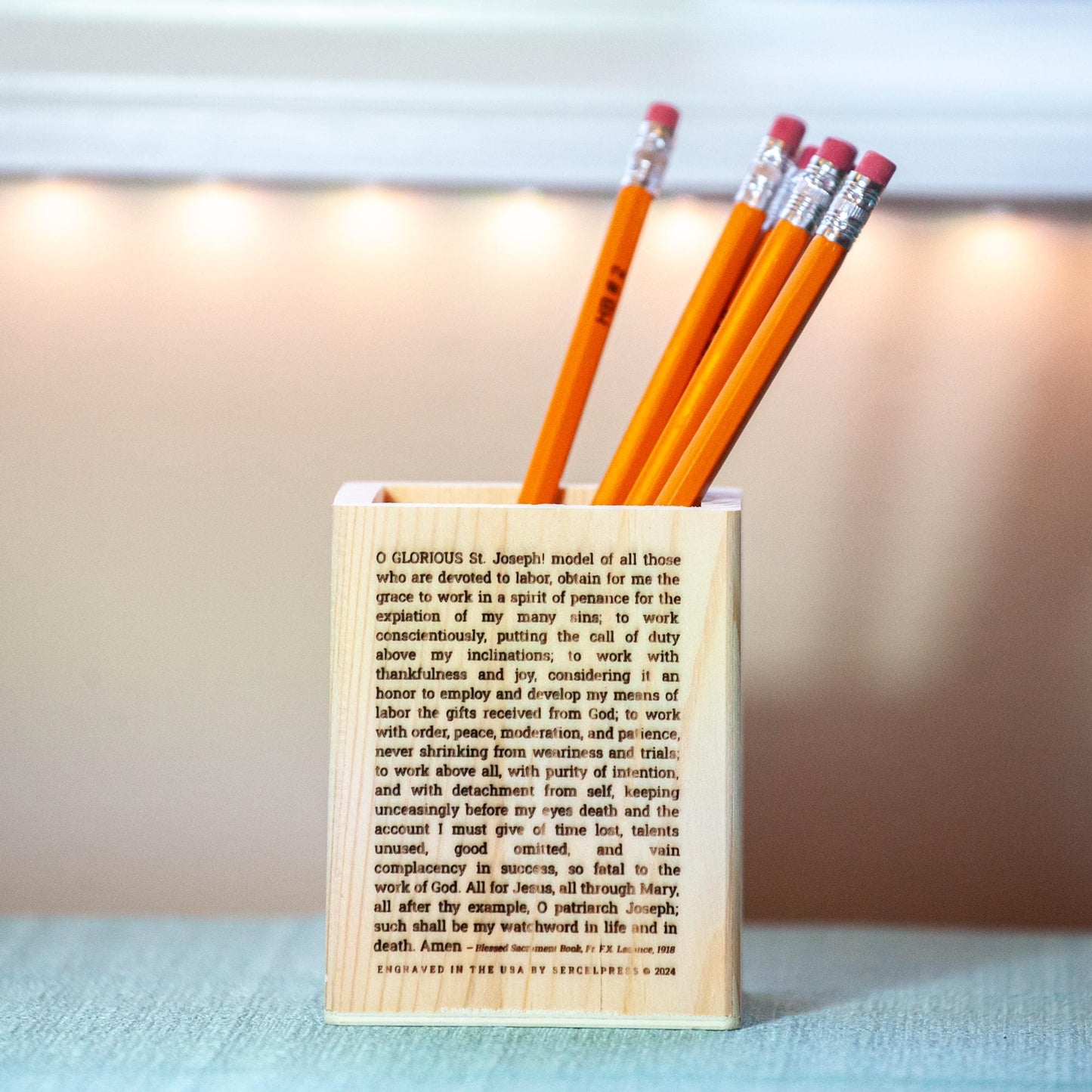 St. Joseph the Worker Natural Wood Pencil Holder, Laser Engraved in the USA with Image & Prayer, Catholic Saints, Catholic Living