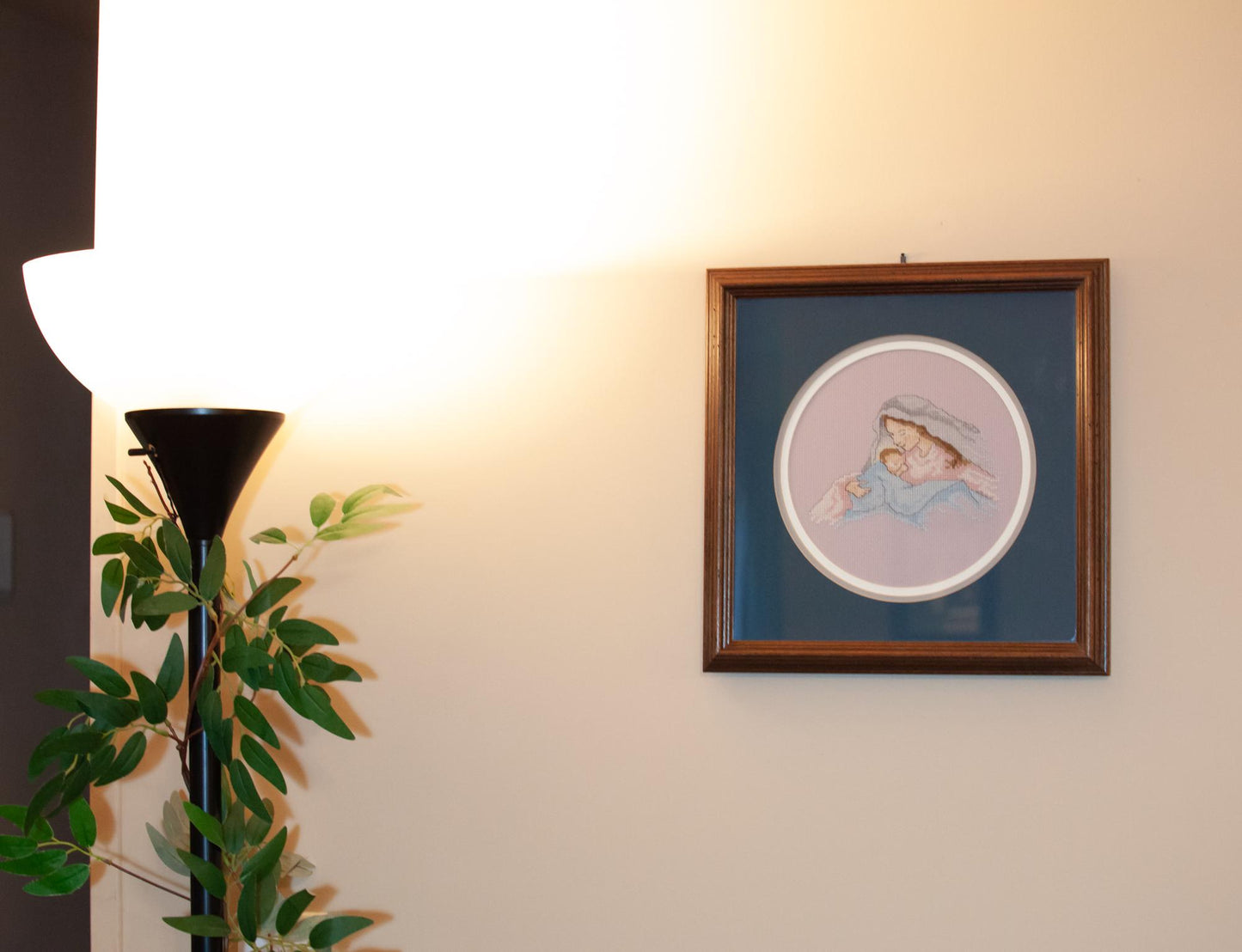 Vintage Hand-Stitched, Madonna & Child Cross Stitch, Triple-Matted and Framed, 12.5 Inch Frame with Hanger