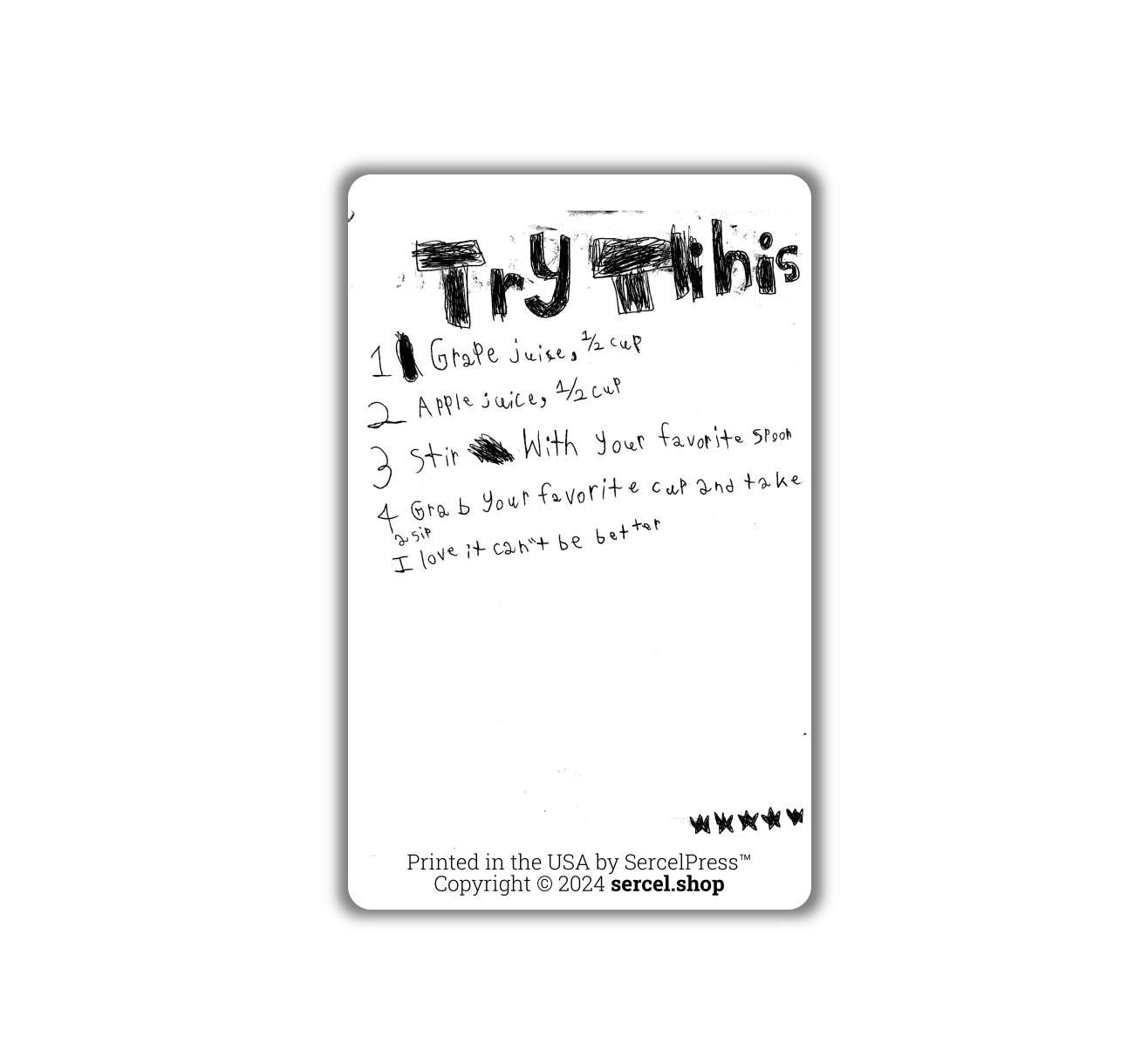 Gapple Juice Recipe, By a 2nd Grade Kid, Durable Plastic Recipe Card, Fun Cards!