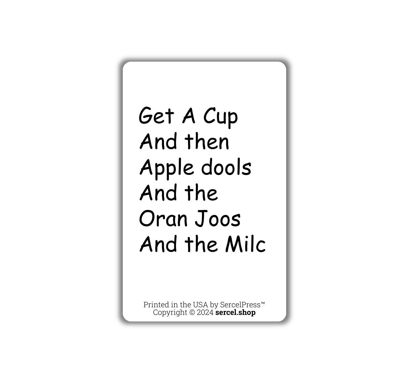 Apple Orange Moo Recipe, by a Kindergarten Kid, Durable Plastic Recipe Card, Fun Cards!