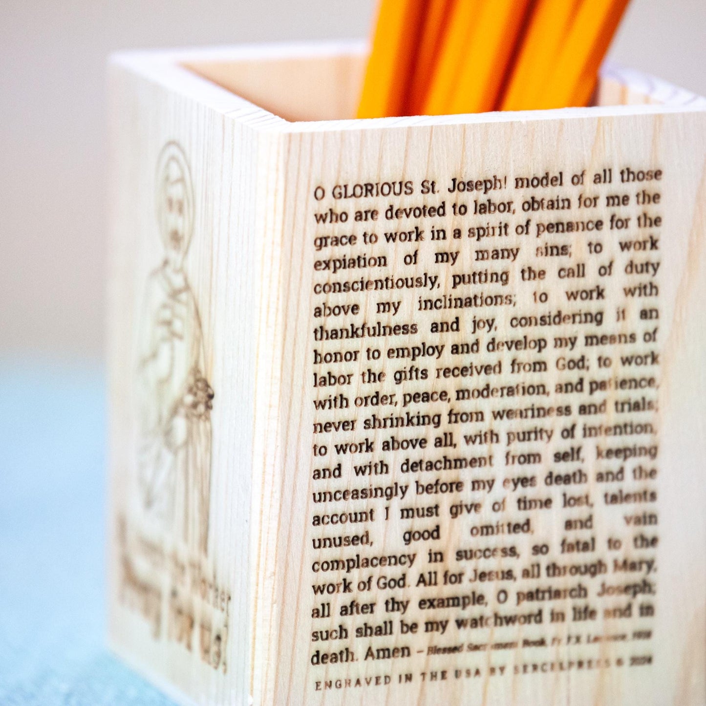 St. Joseph the Worker Natural Wood Pencil Holder, Laser Engraved in the USA with Image & Prayer, Catholic Saints, Catholic Living