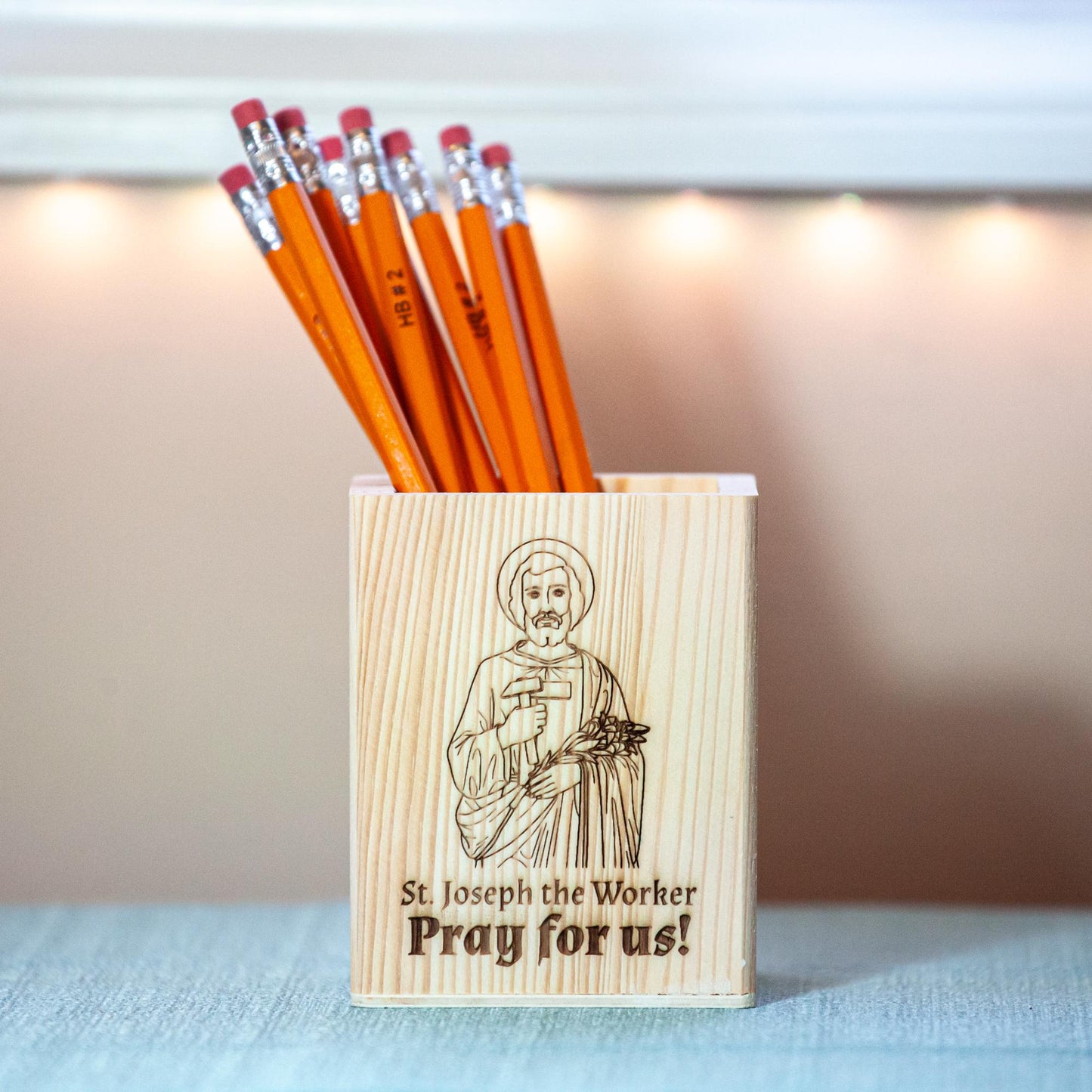 St. Joseph the Worker Natural Wood Pencil Holder, Laser Engraved in the USA with Image & Prayer, Catholic Saints, Catholic Living