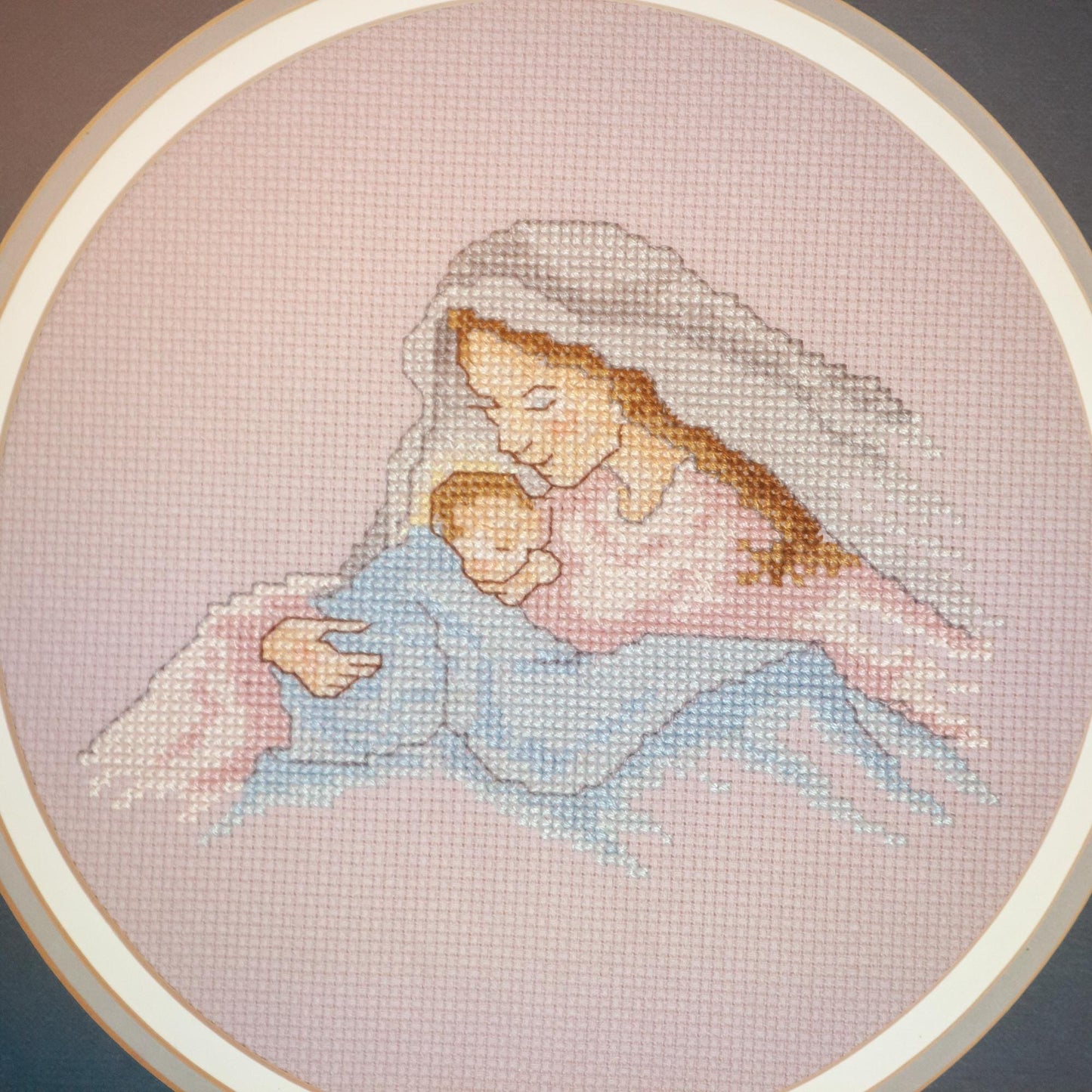 Vintage Hand-Stitched, Madonna & Child Cross Stitch, Triple-Matted and Framed, 12.5 Inch Frame with Hanger