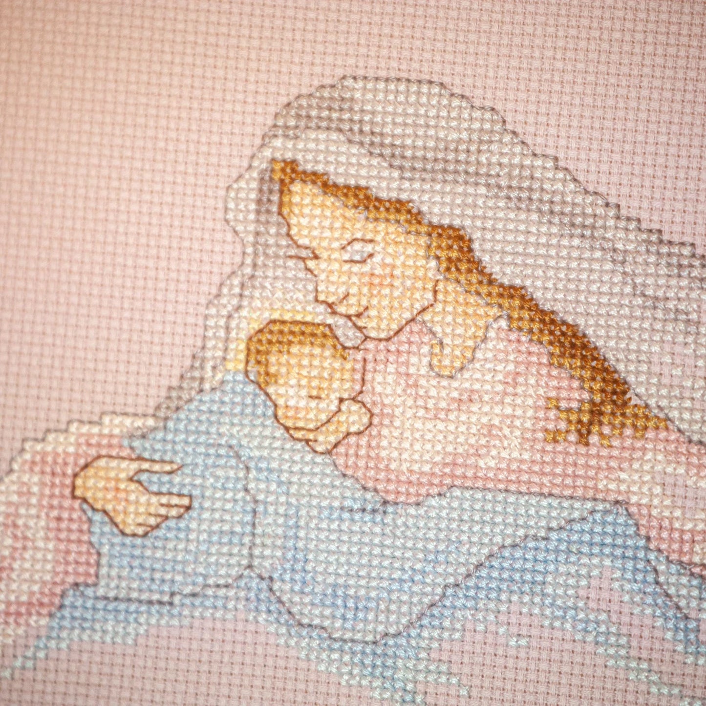 Vintage Hand-Stitched, Madonna & Child Cross Stitch, Triple-Matted and Framed, 12.5 Inch Frame with Hanger