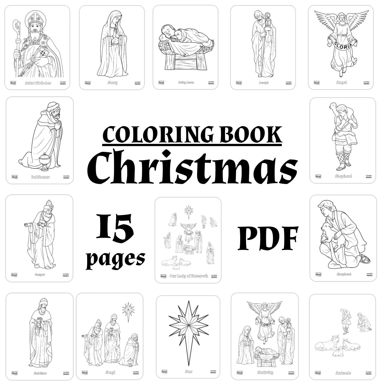Printable Catholic Coloring Book, Christmas, 15 Catholic Coloring Pages, Instant Digital Download and Print, Catholic Education, Homeschool