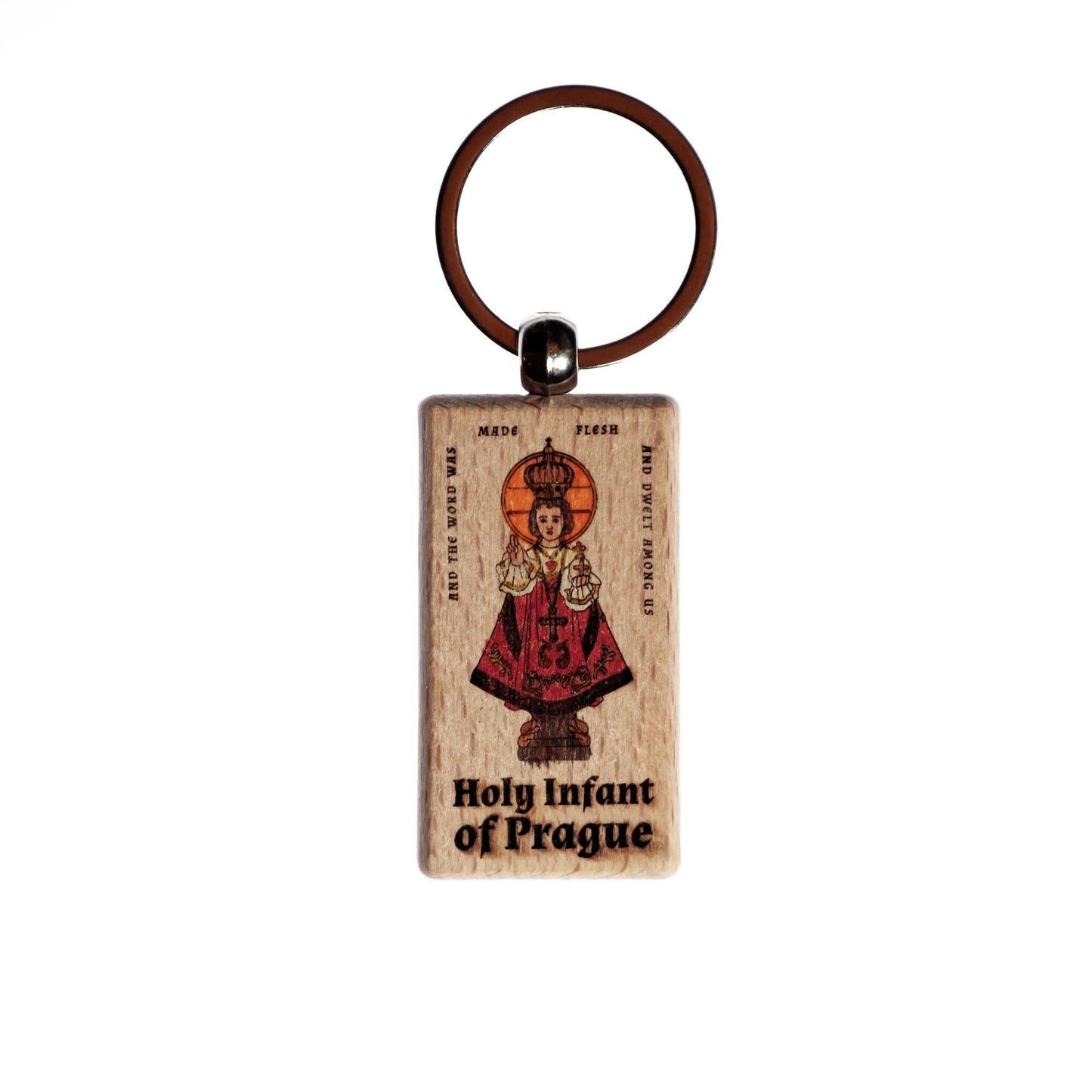 Holy Infant of Prague, Hand-Colored Solid Wood Keychain, Engraved in the USA, Catholic