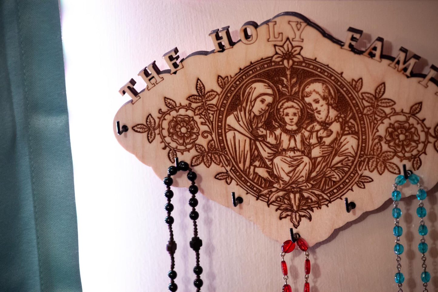 Holy Family Rosary Hanger, 7 Rosary Hooks, 9 x 6 Inches, Made in the USA, Holy Family of Jesus, Mary and Joseph, Catholic Living