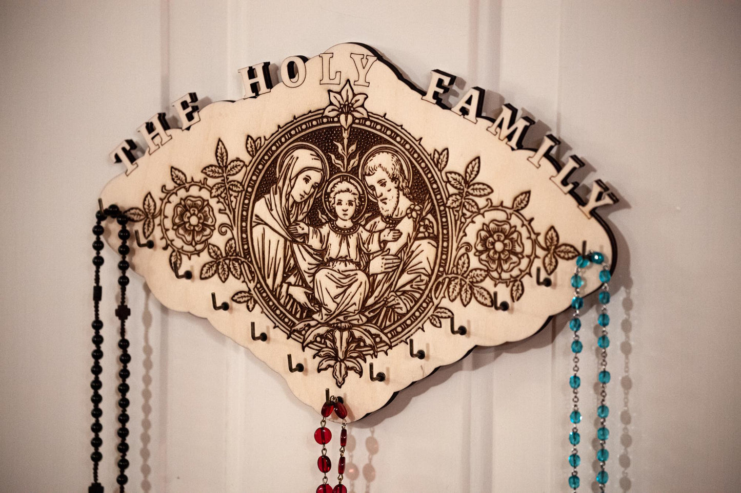Large Holy Family Rosary Hanger, 13 Hooks, 11.75 x 7.75 Inches, Made in the USA, Holy Family of Jesus, Mary and Joseph, Catholic Living