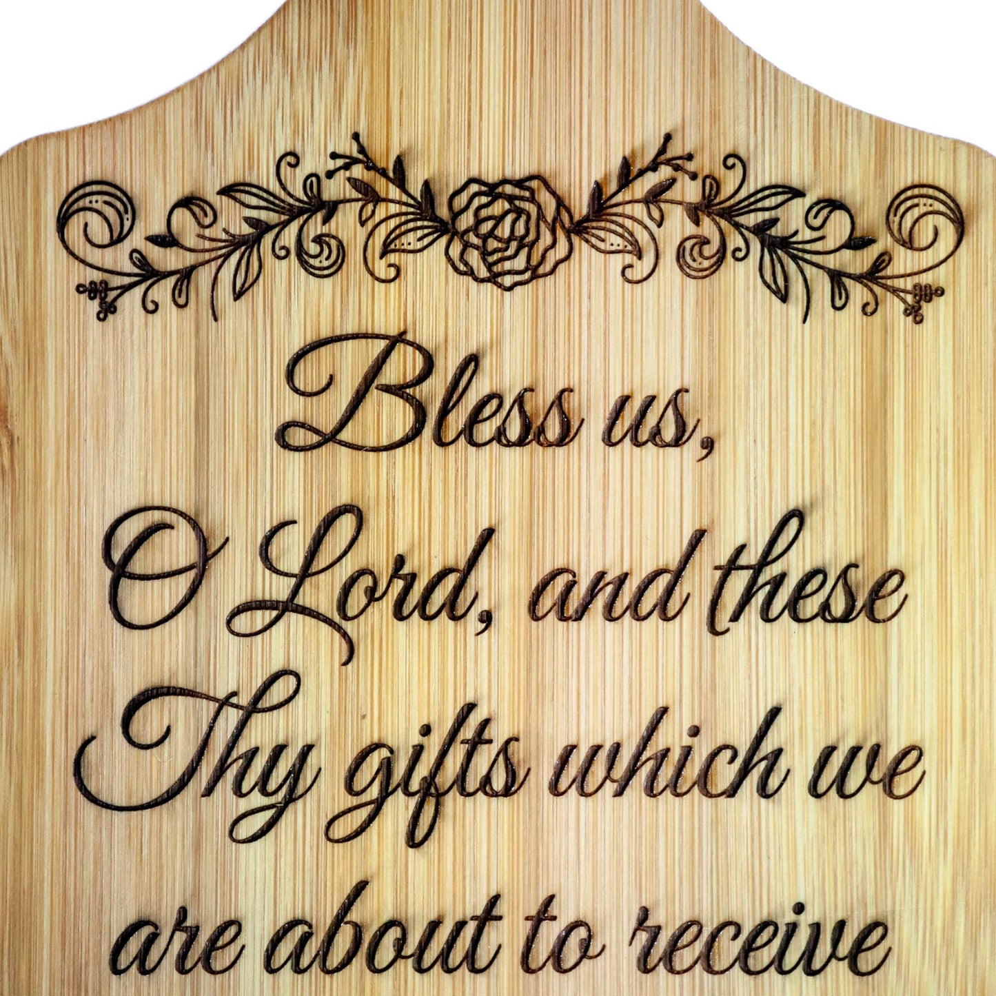 Grace Before Meals, Bless Us O Lord, Decorative Bamboo Cutting Board, 11" x 5" x 0.39" | Engraved in the USA | Catholic Living