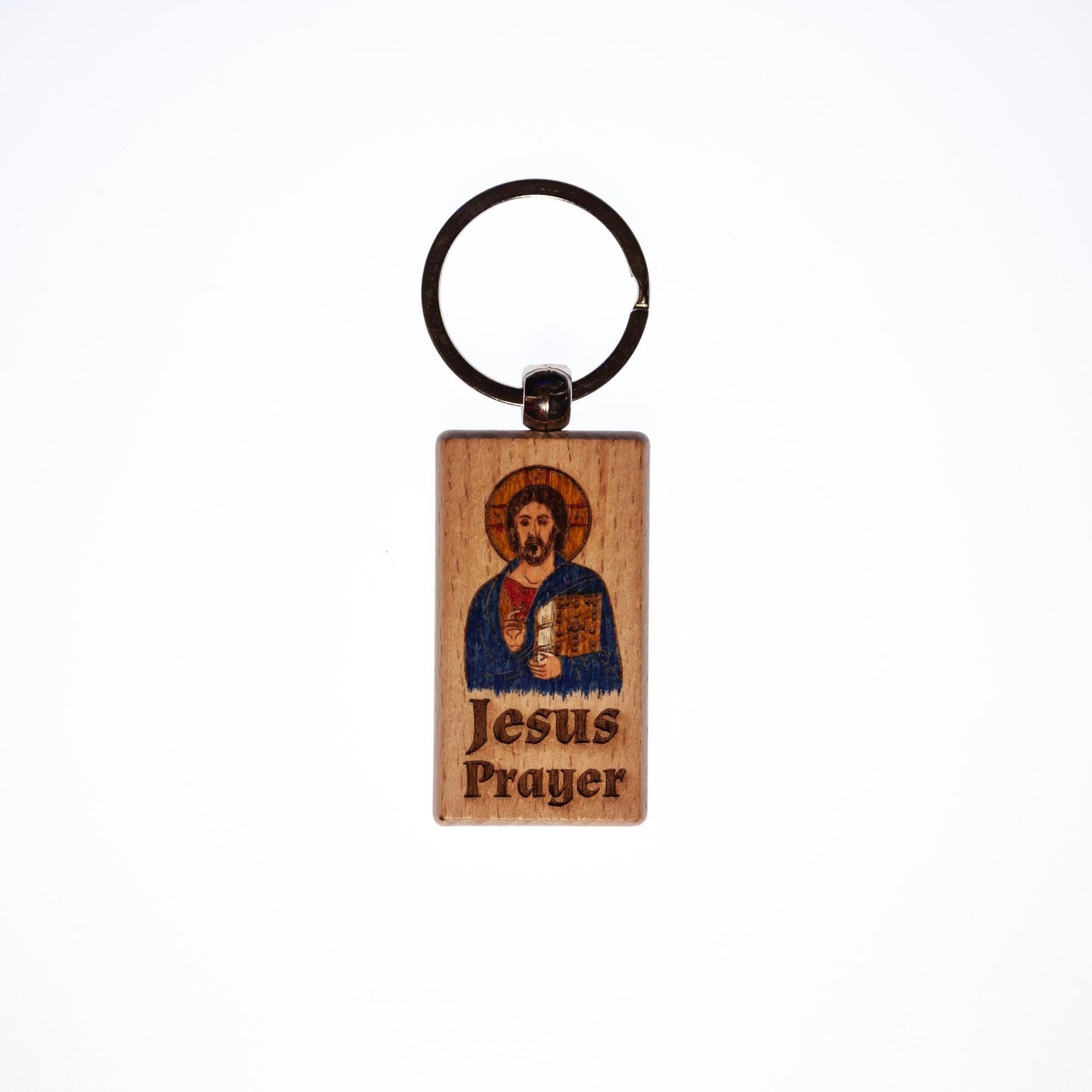Jesus Prayer, Hand-Colored Solid Wood Keychain, Engraved in the USA, Traditional Catholic Prayer