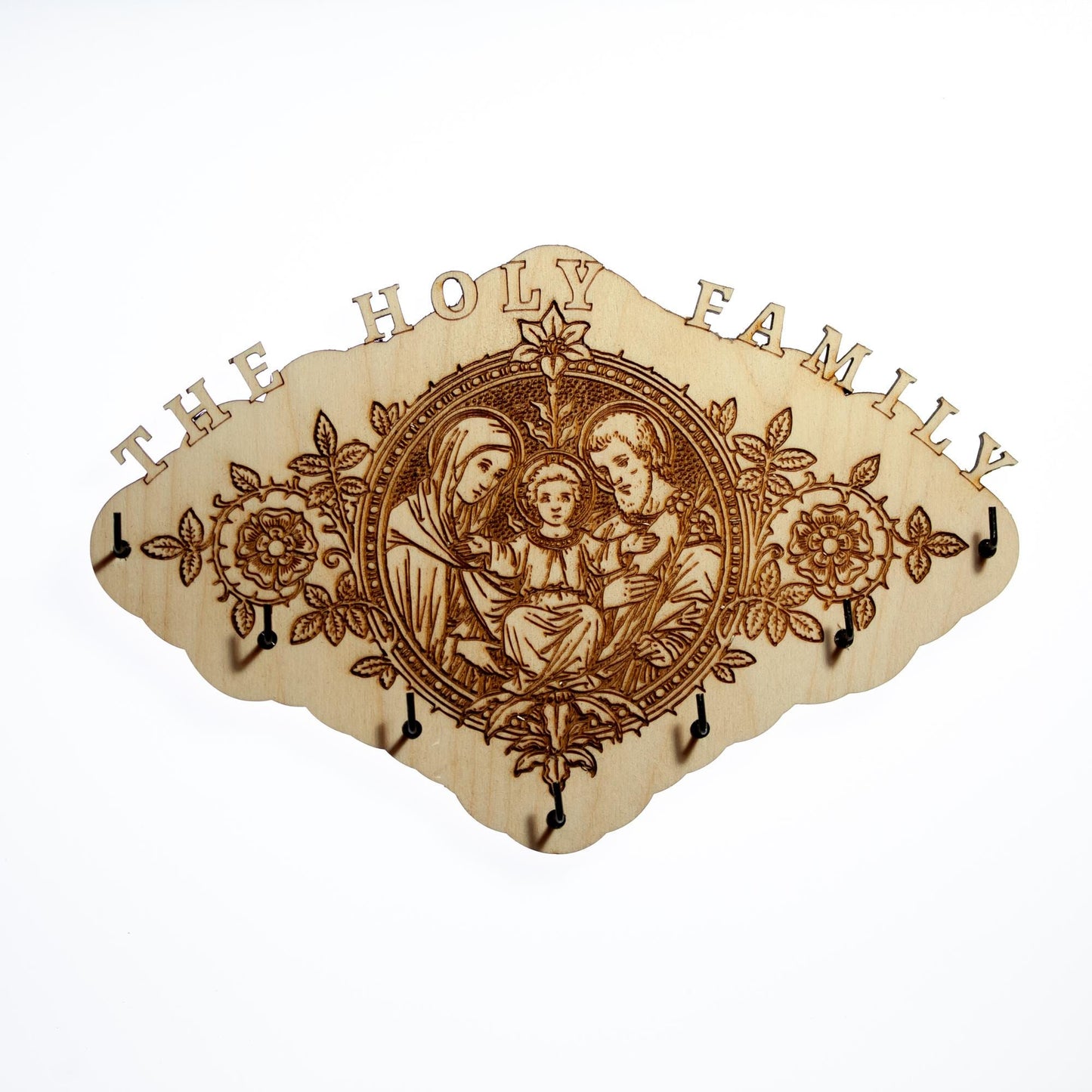 Holy Family Rosary Hanger, 7 Rosary Hooks, 9 x 6 Inches, Made in the USA, Holy Family of Jesus, Mary and Joseph, Catholic Living
