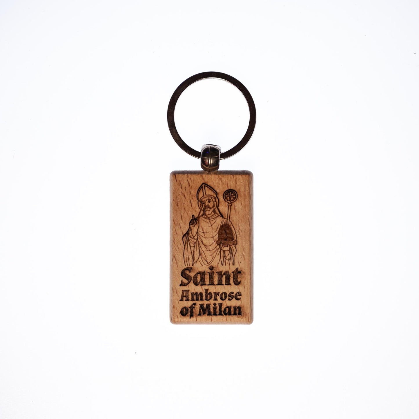 Saint Ambrose of Milan, Solid Wood Keychain, Engraved in the USA, Catholic