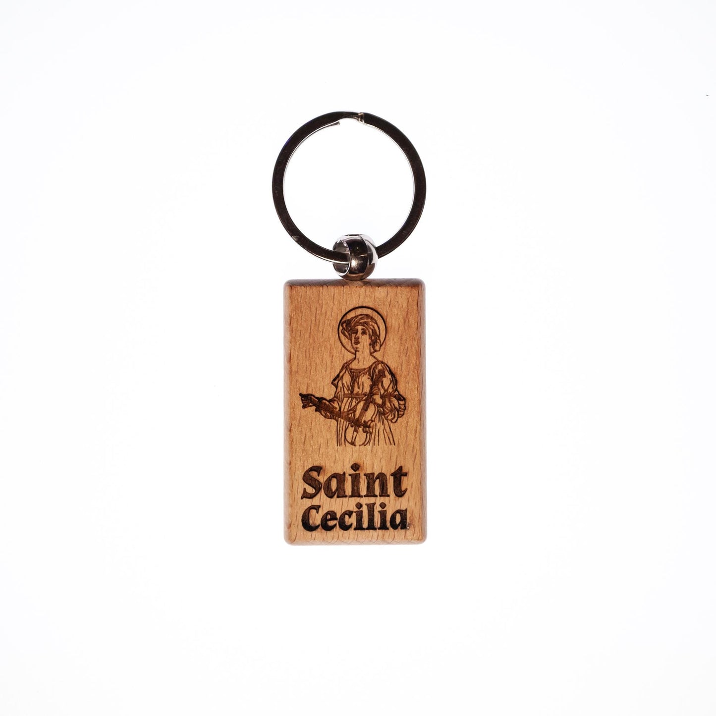 Saint Cecilia, Solid Wood Keychain, Engraved in the USA, Catholic