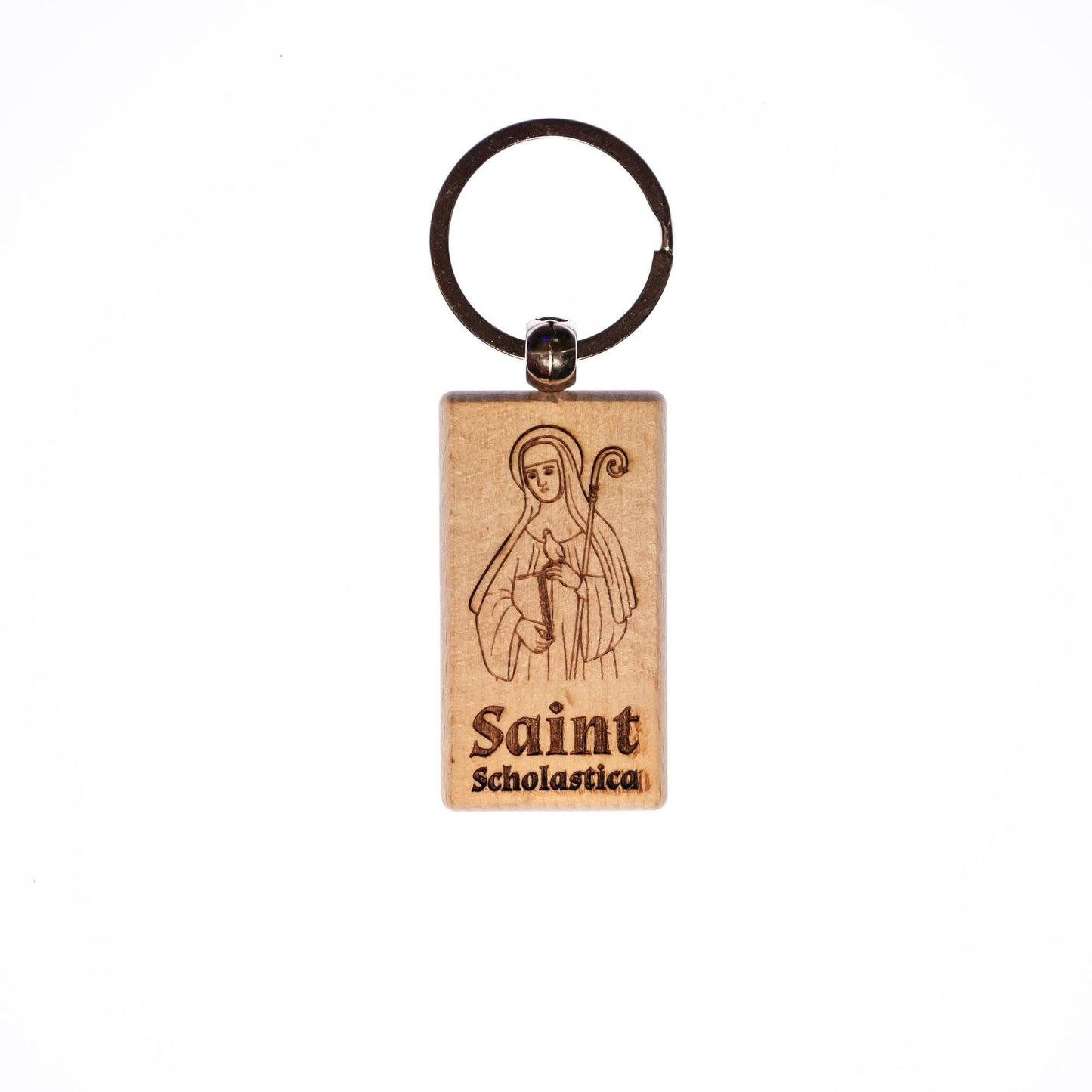 Saint Scholastica, Solid Wood Keychain, Engraved in the USA, Catholic