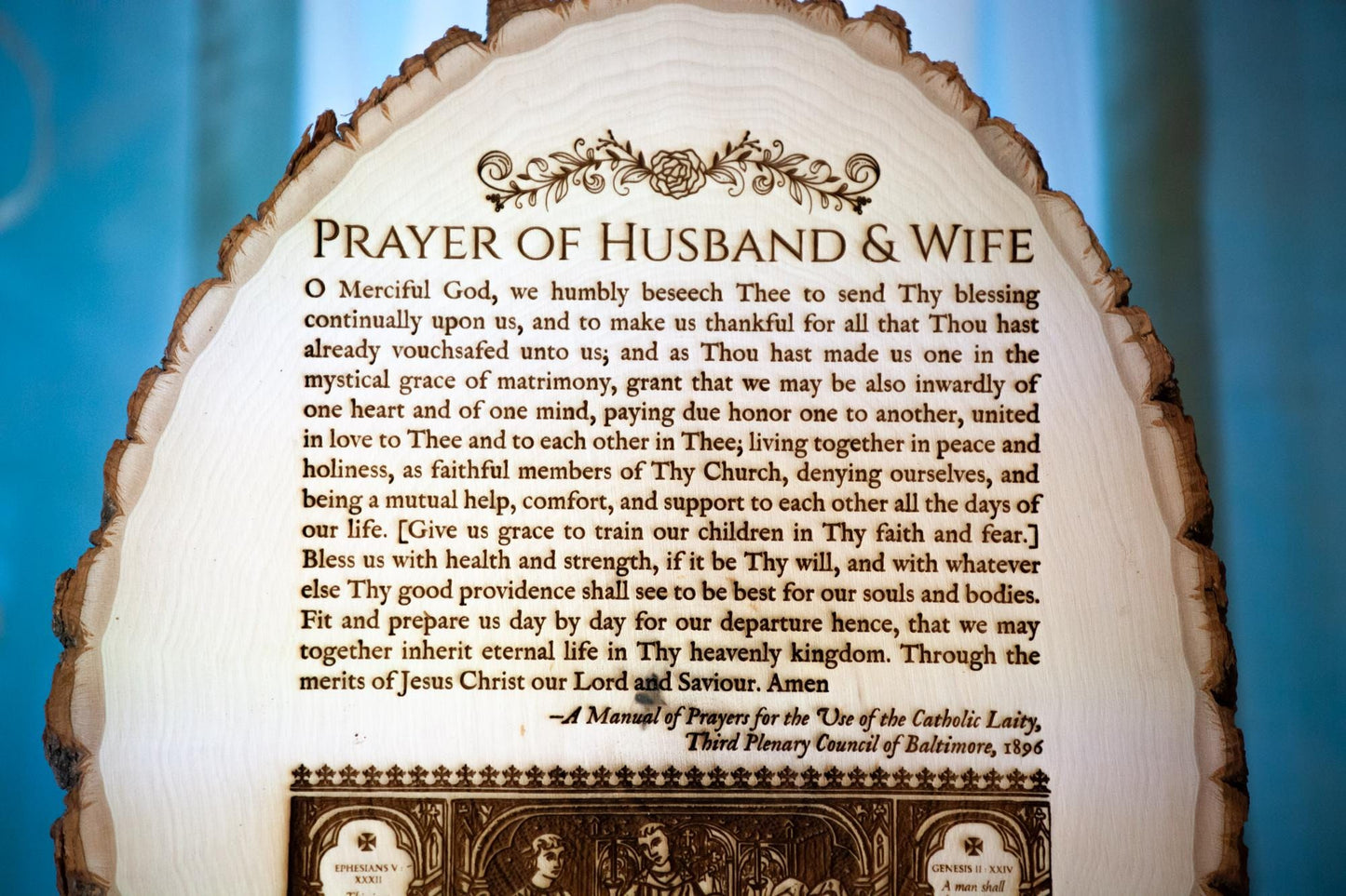 Prayer of Husband and Wife, 9 3/4 x 12 3/4 inch Laser-Engraved Wood Wall Art with Rustic Bark Edges | Engraved in the USA | Catholic Living