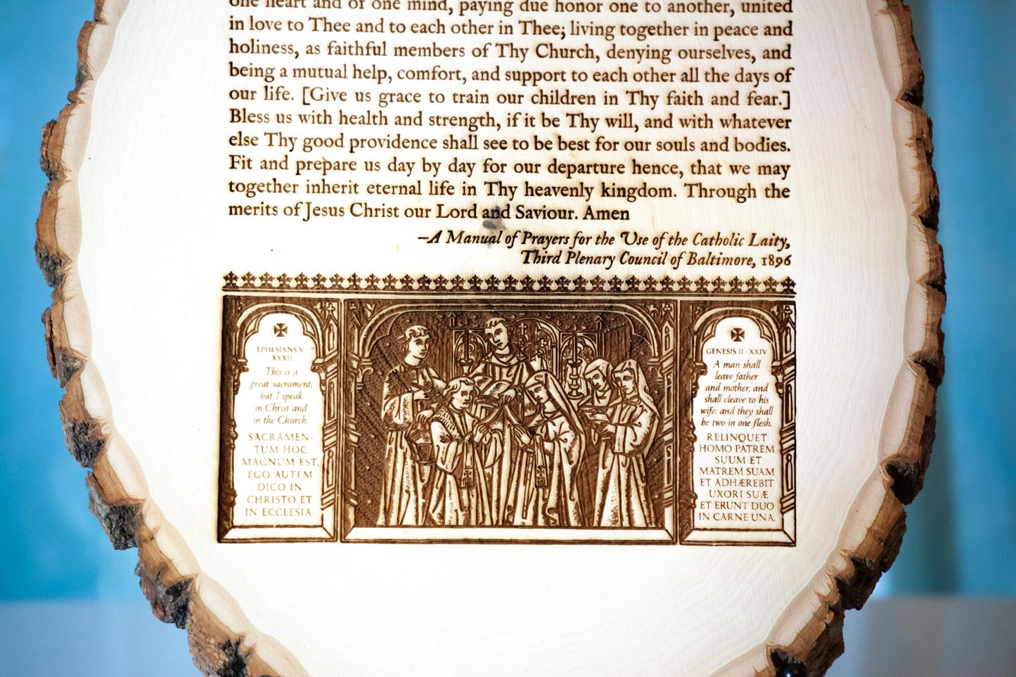 Prayer of Husband and Wife, 9 3/4 x 12 3/4 inch Laser-Engraved Wood Wall Art with Rustic Bark Edges | Engraved in the USA | Catholic Living