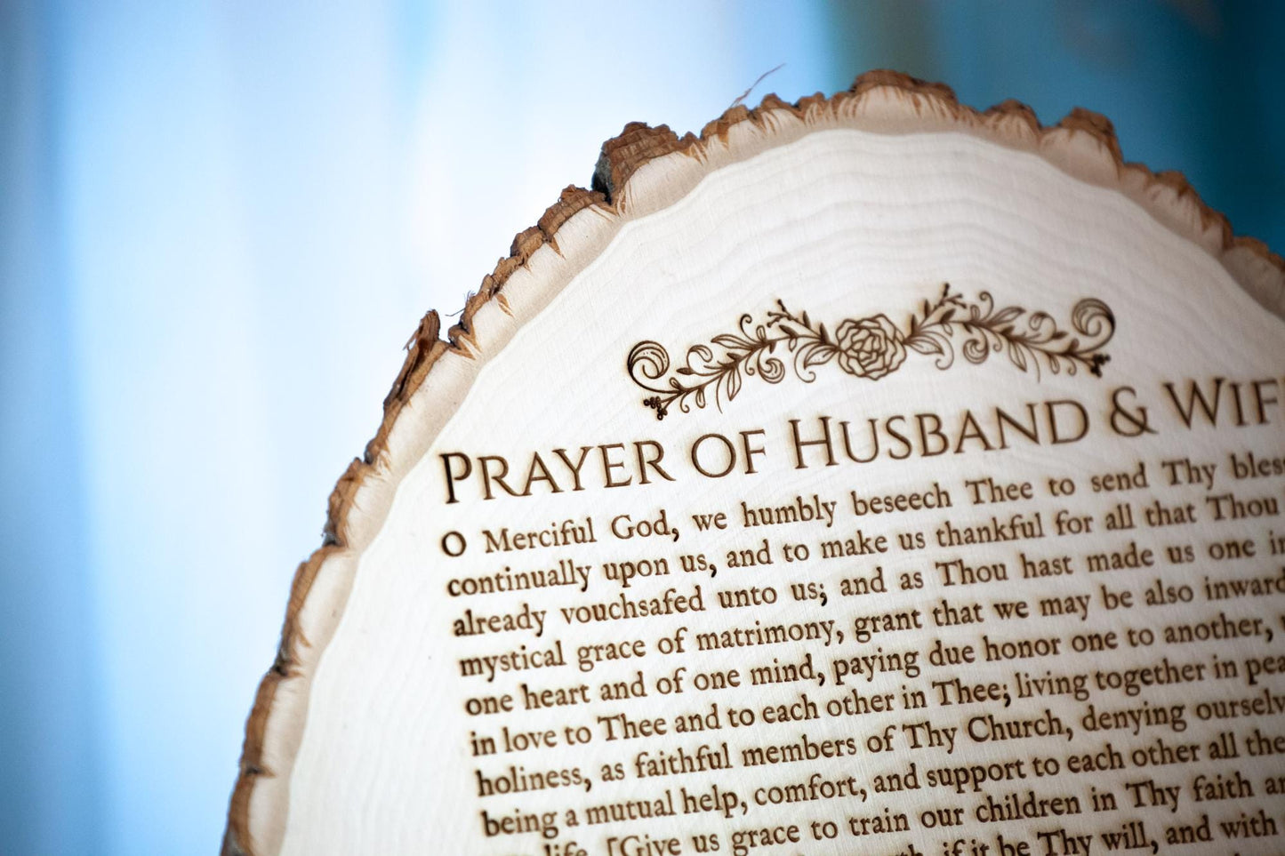 Prayer of Husband and Wife, 9 3/4 x 12 3/4 inch Laser-Engraved Wood Wall Art with Rustic Bark Edges | Engraved in the USA | Catholic Living