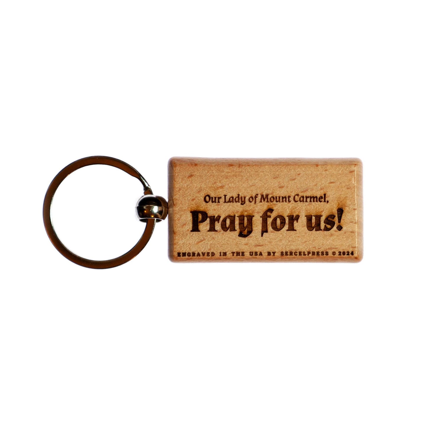 Our Lady of Mount Carmel, Hand-Colored, Solid Wood Keychain, Engraved in the USA, Catholic
