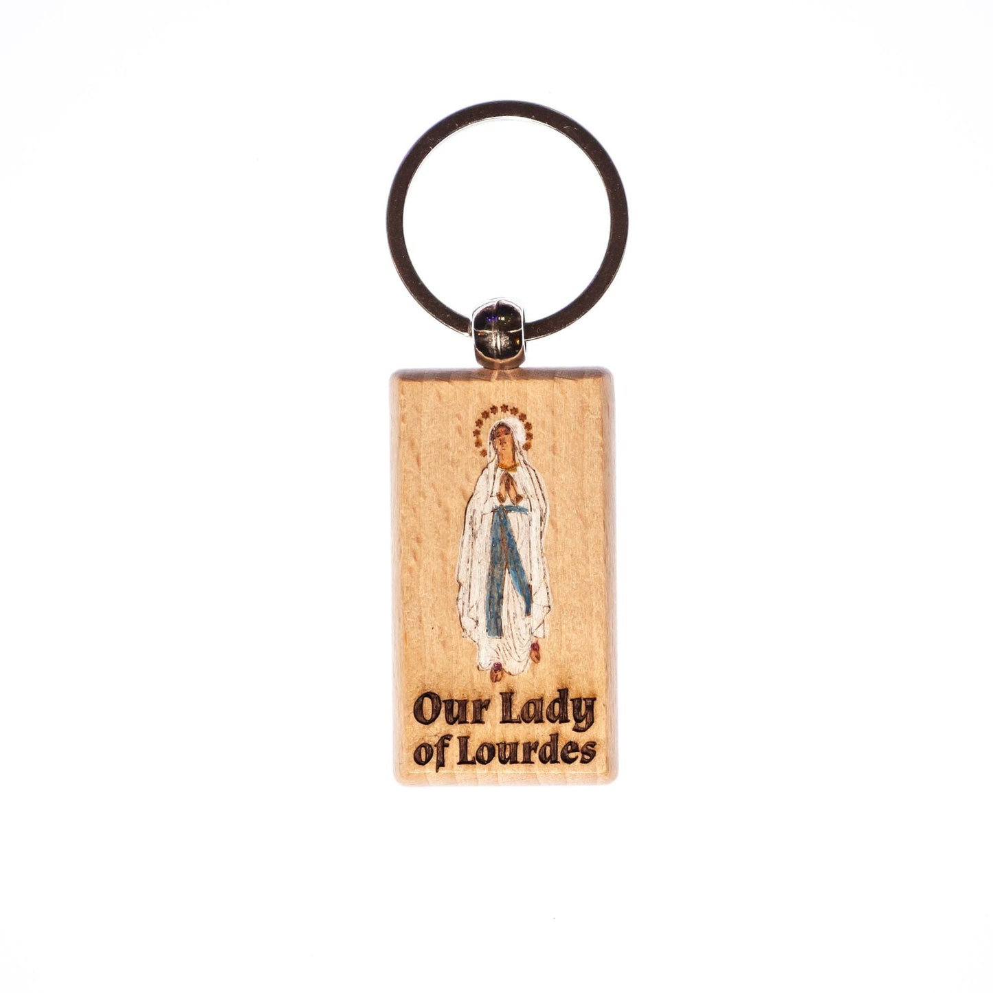Our Lady of Lourdes, Hand-Colored, Solid Wood Keychain, Engraved in the USA, Catholic