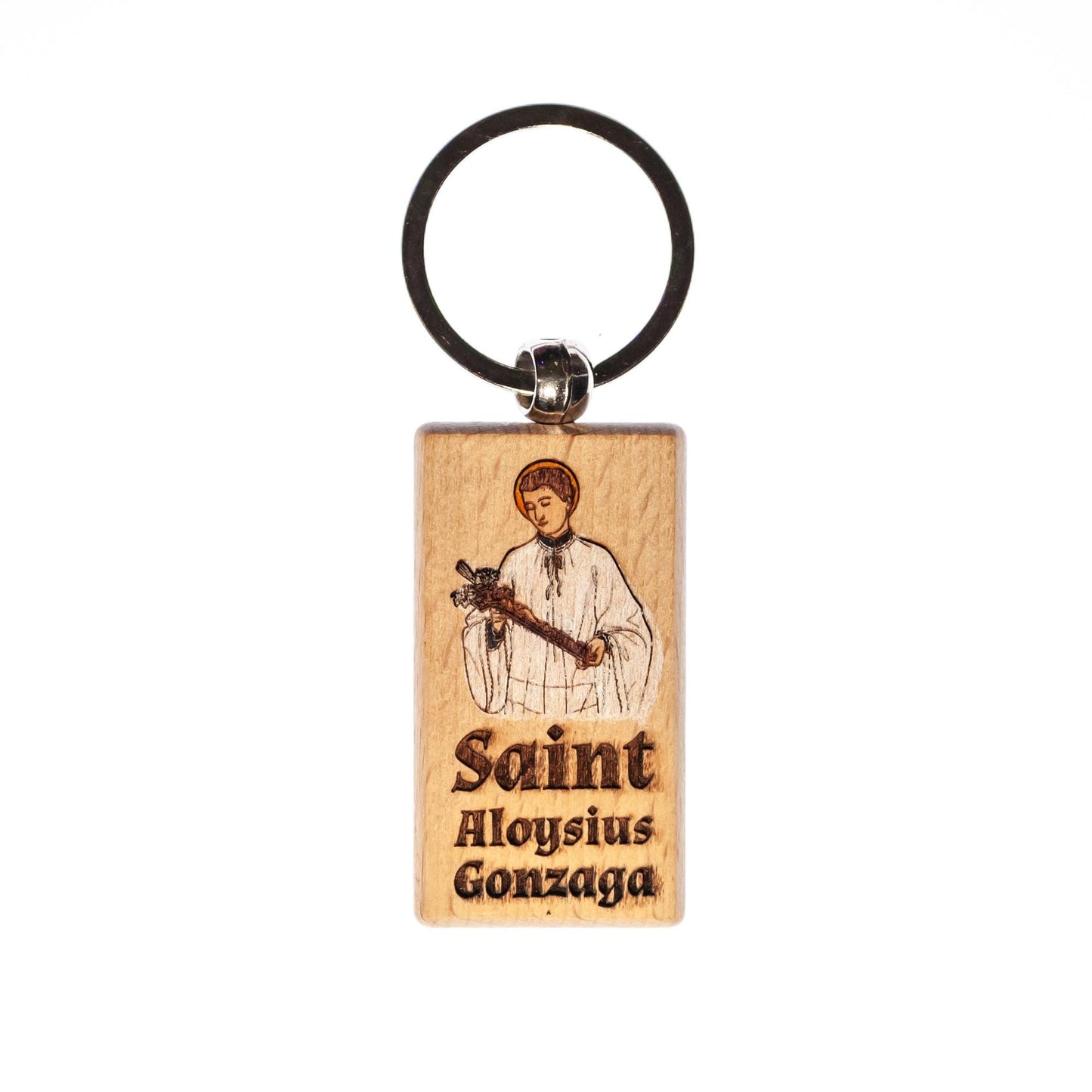 Saint Aloysius Gonzaga, Hand-Colored, Solid Wood Keychain, Engraved in the USA, Catholic