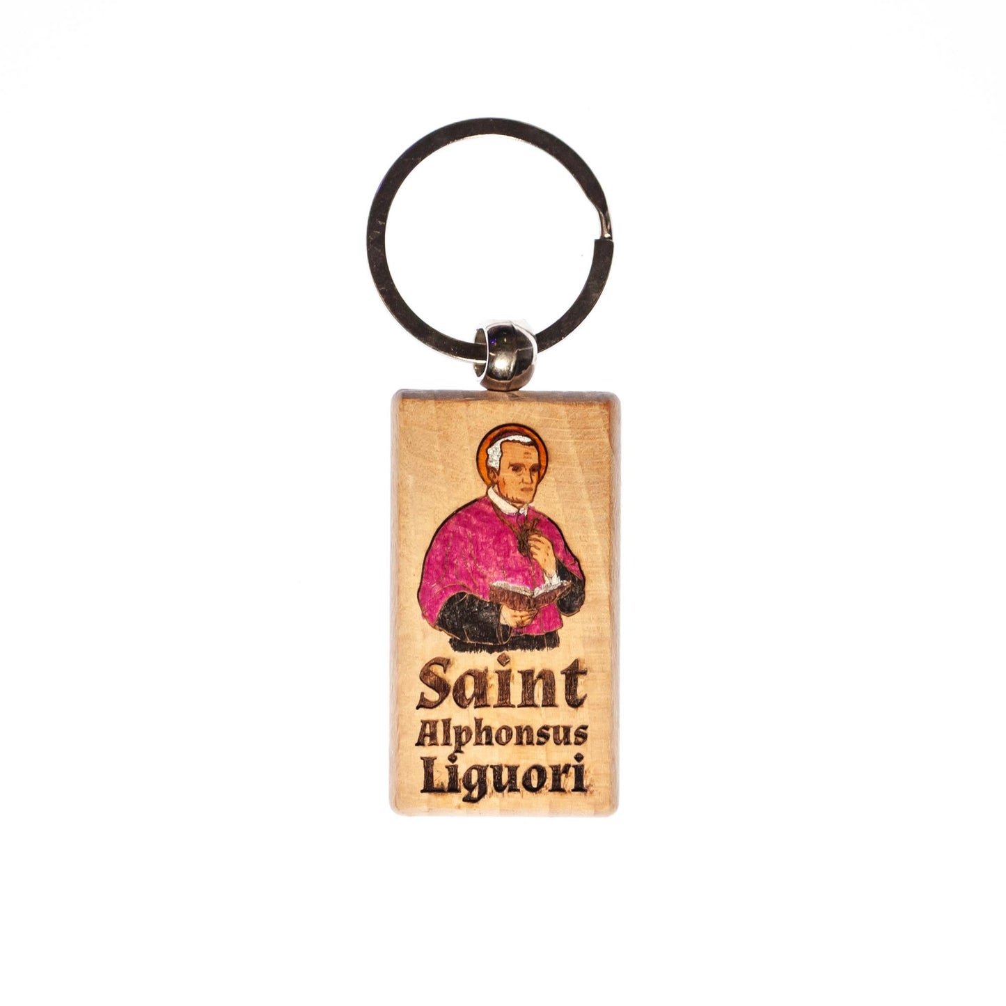 Saint Alphonsus Liguori, Hand-Colored, Solid Wood Keychain, Engraved in the USA, Catholic