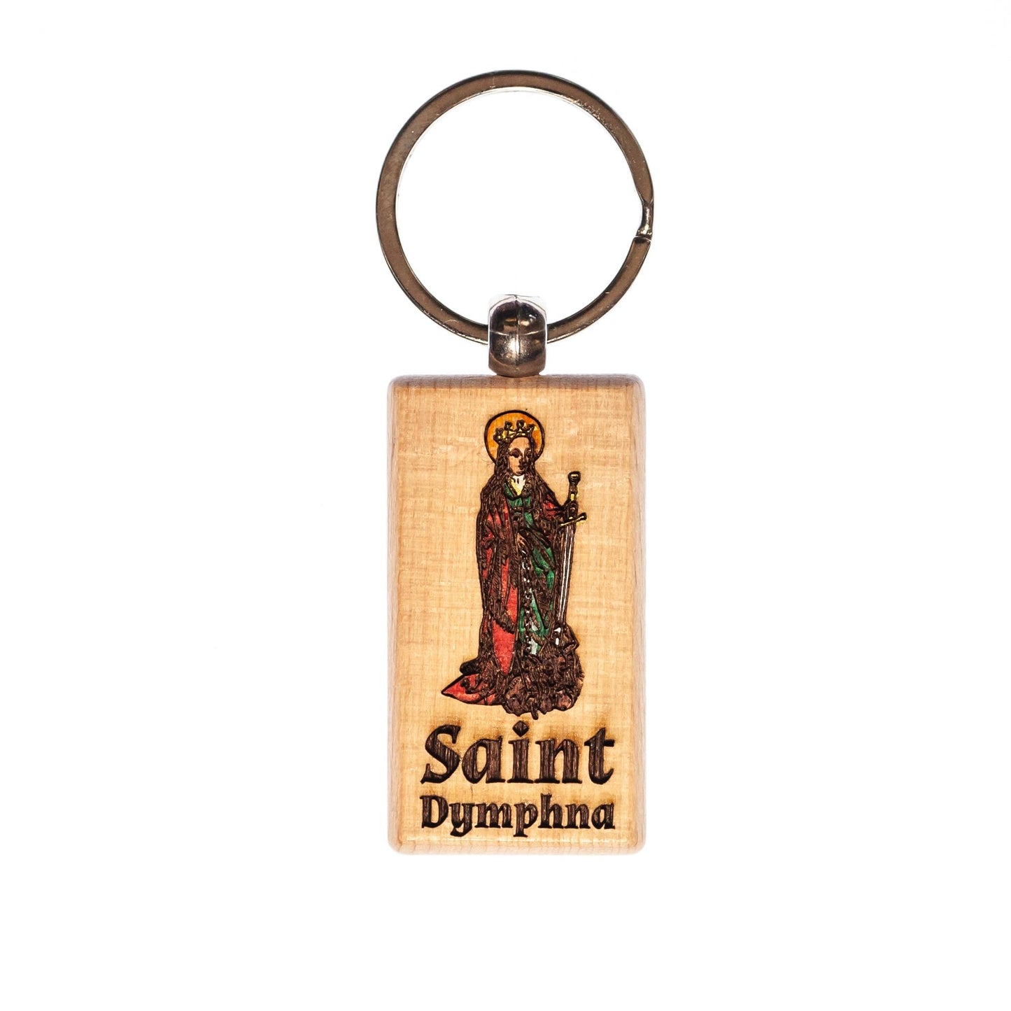 Saint Dymphna, Hand-Colored, Solid Wood Keychain, Engraved in the USA, Catholic