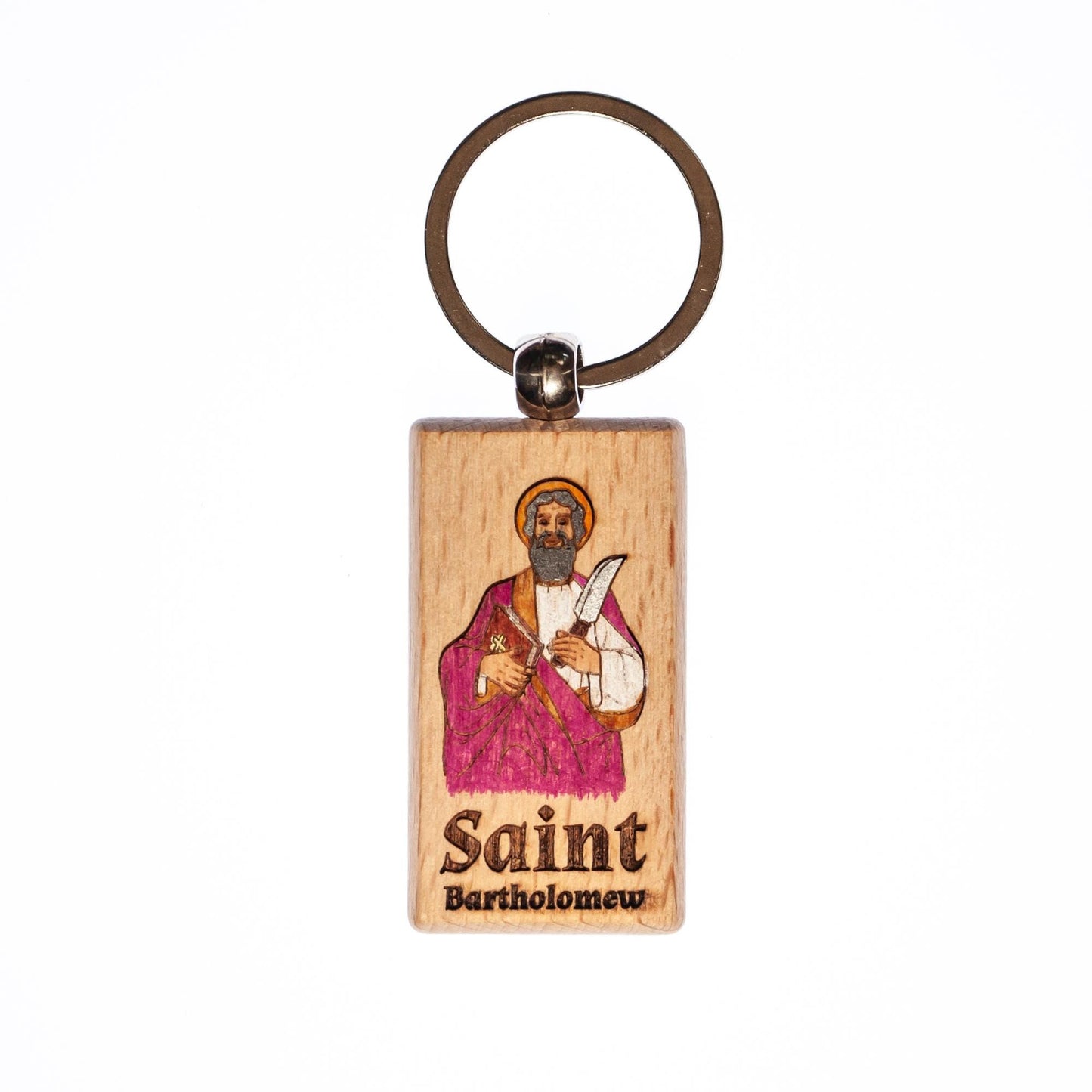 Saint Bartholomew, Hand-Colored, Solid Wood Keychain, Engraved in the USA, Catholic