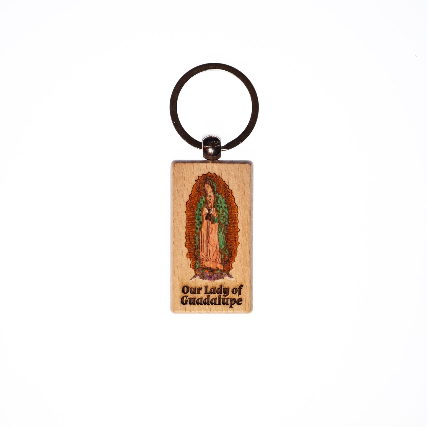 Our Lady of Guadalupe, Hand-Colored, Solid Wood Keychain, Engraved in the USA, Catholic