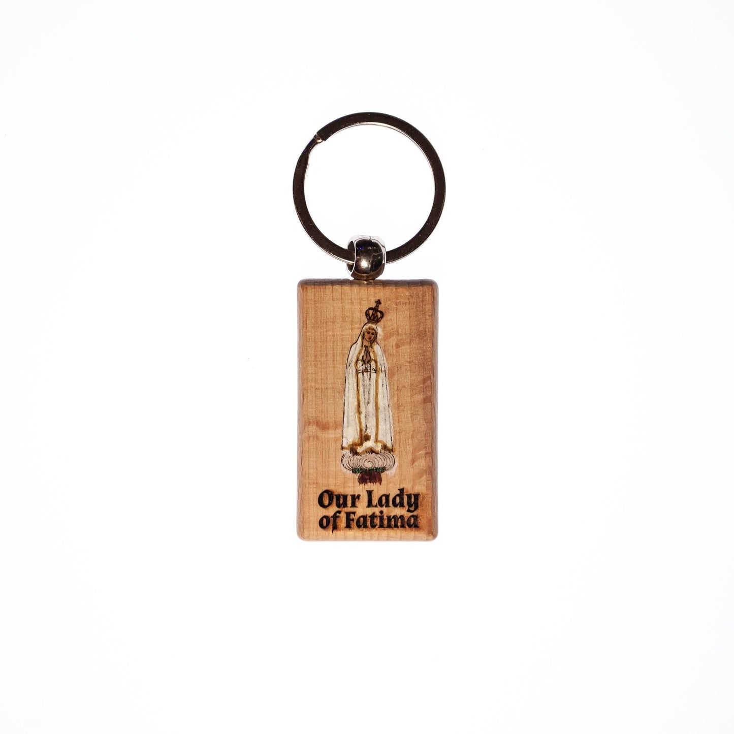 Our Lady of Fatima, Hand-Colored, Solid Wood Keychain, Engraved in the USA, Catholic
