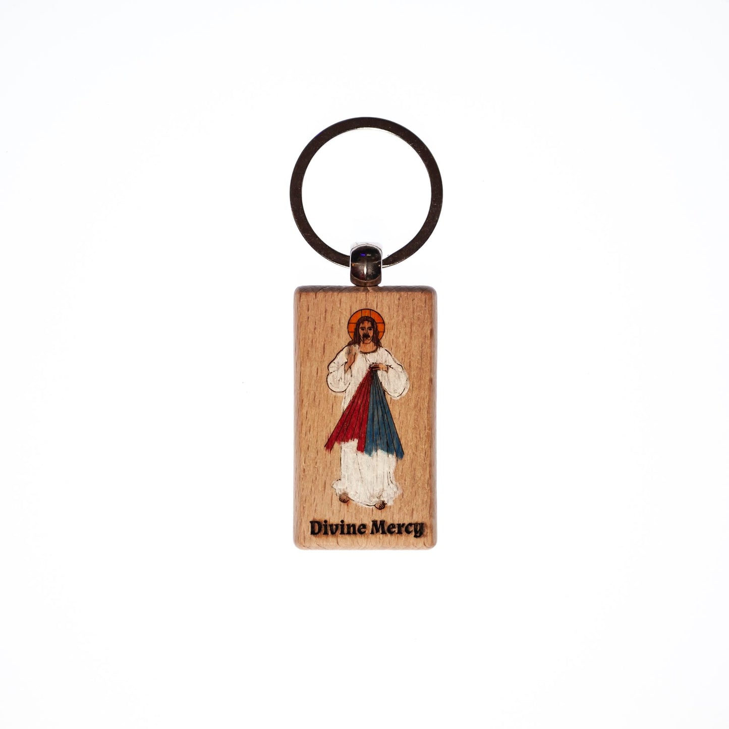 Divine Mercy, Jesus I Trust in You, Hand-Colored, Solid Wood Keychain, Engraved in the USA, Catholic