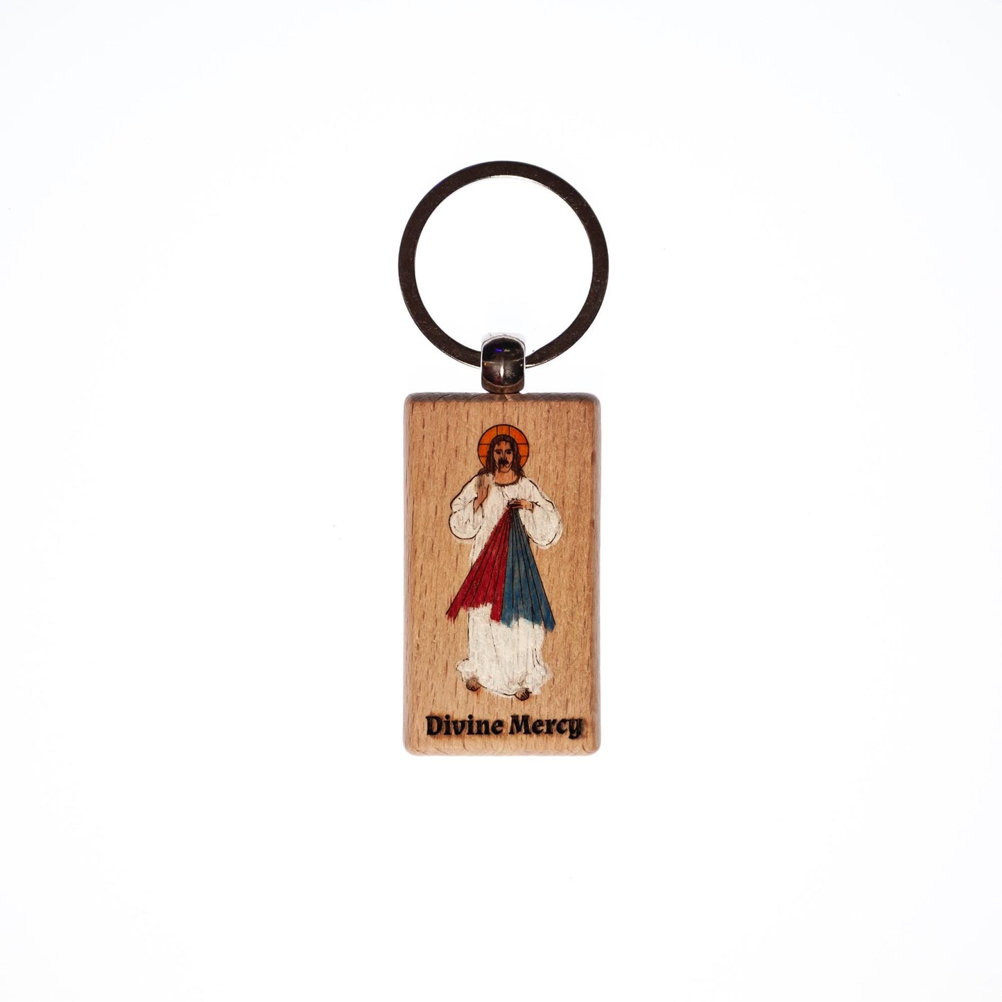 Divine Mercy, Jesus I Trust in You, Hand-Colored, Solid Wood Keychain, Engraved in the USA, Catholic