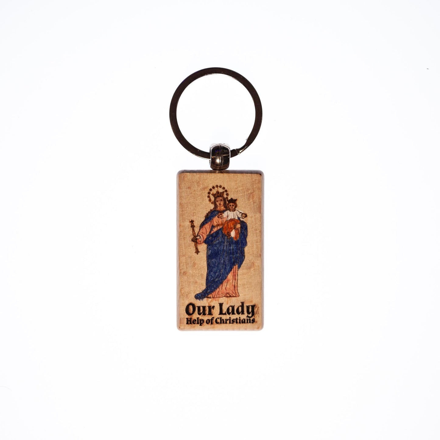 Our Lady Help of Christians, Hand-Colored, Solid Wood Keychain, Engraved in the USA, Catholic