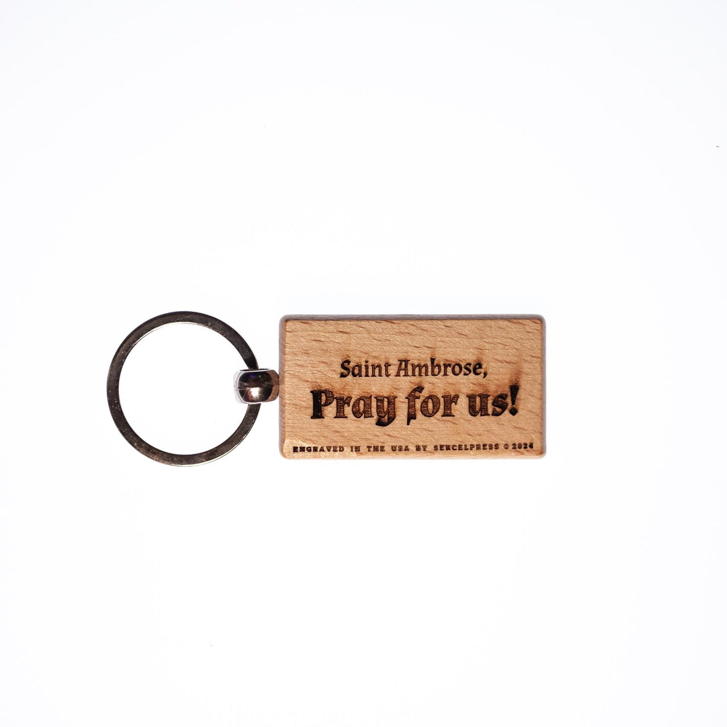 Saint Ambrose of Milan, Solid Wood Keychain, Engraved in the USA, Catholic
