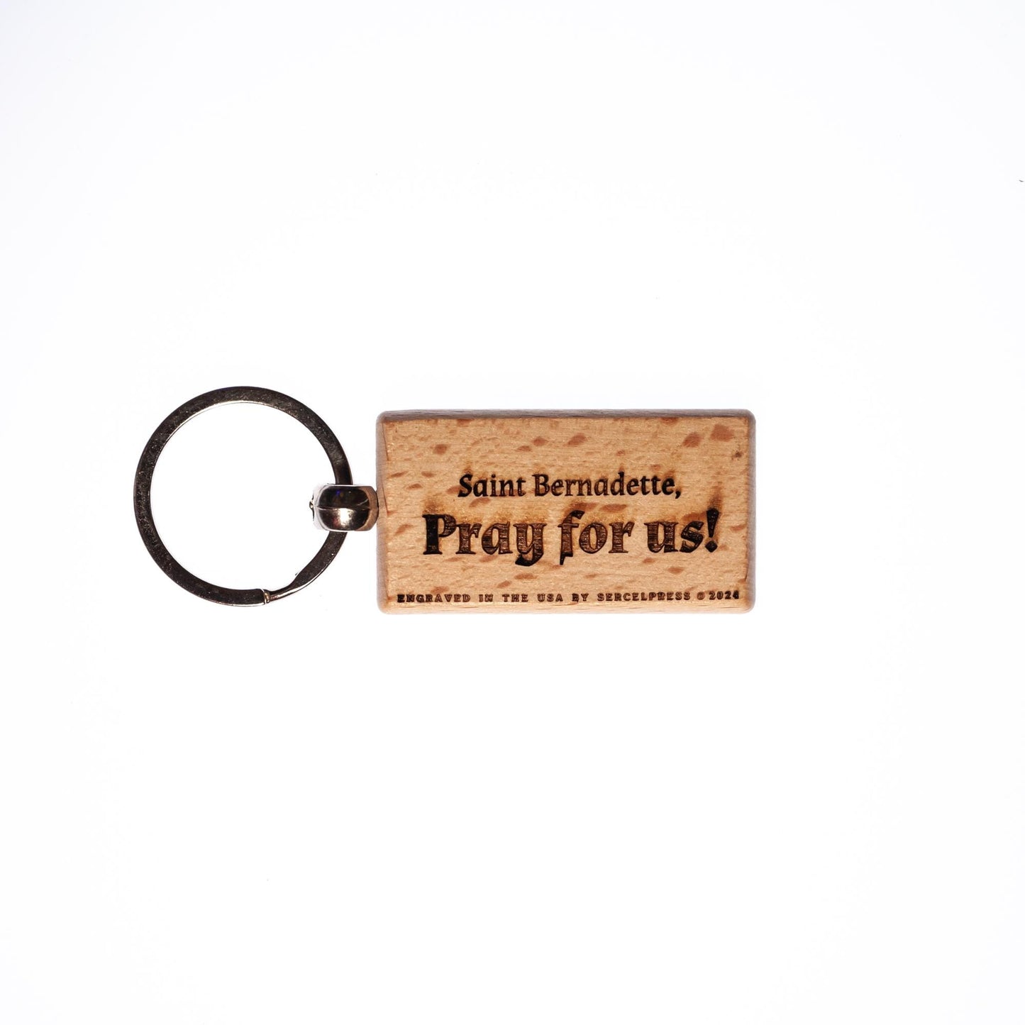 Saint Bernadette, Hand-Colored, Solid Wood Keychain, Engraved in the USA, Catholic