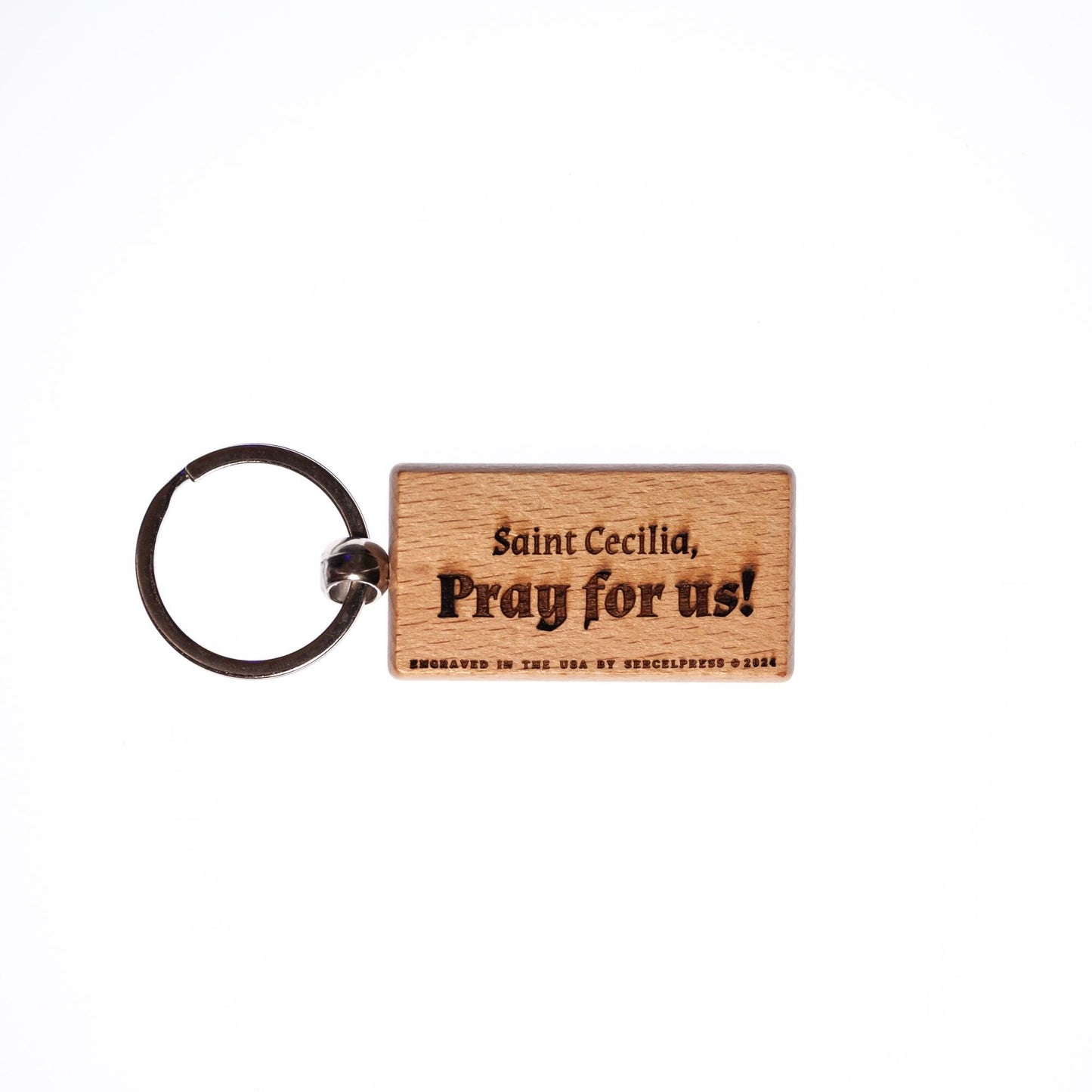 Saint Cecilia, Solid Wood Keychain, Engraved in the USA, Catholic